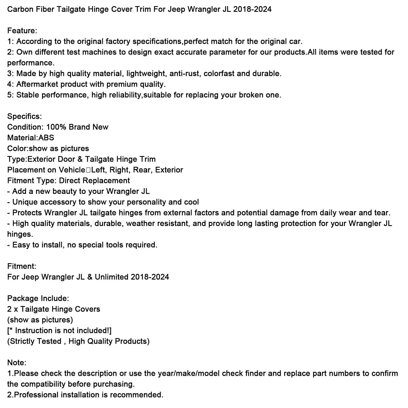 Cerniera del portellone posteriore in fibra di carbonio per Jeep Wrangler JL (2018-2024)