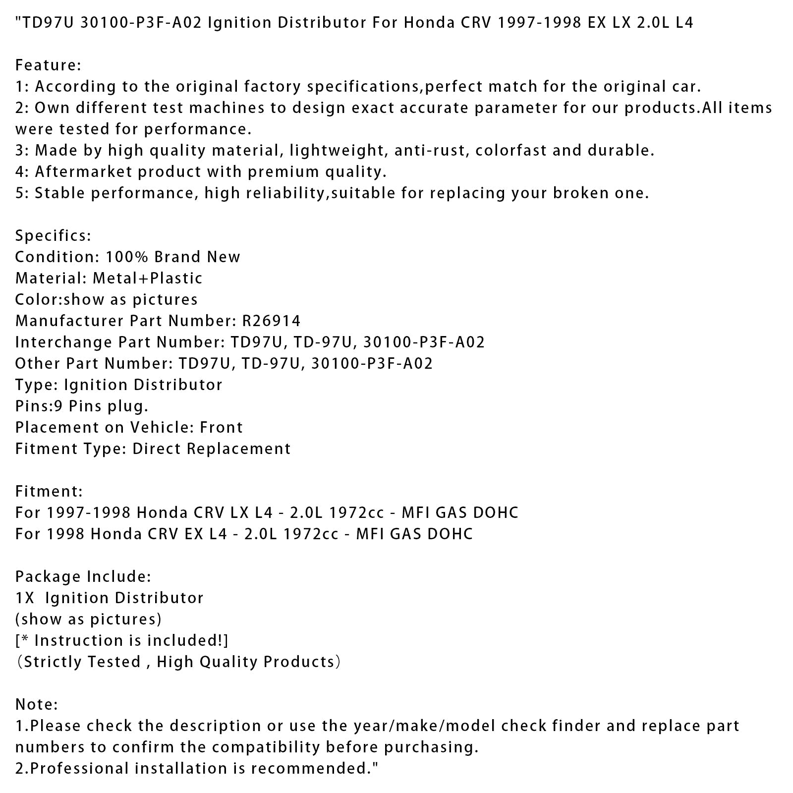 Distributeur d'allumage TD97U 30100-P3F-A02 pour Honda CRV LX L4 2.0L 1972cc MFI GAS DOHC 1997-1998
