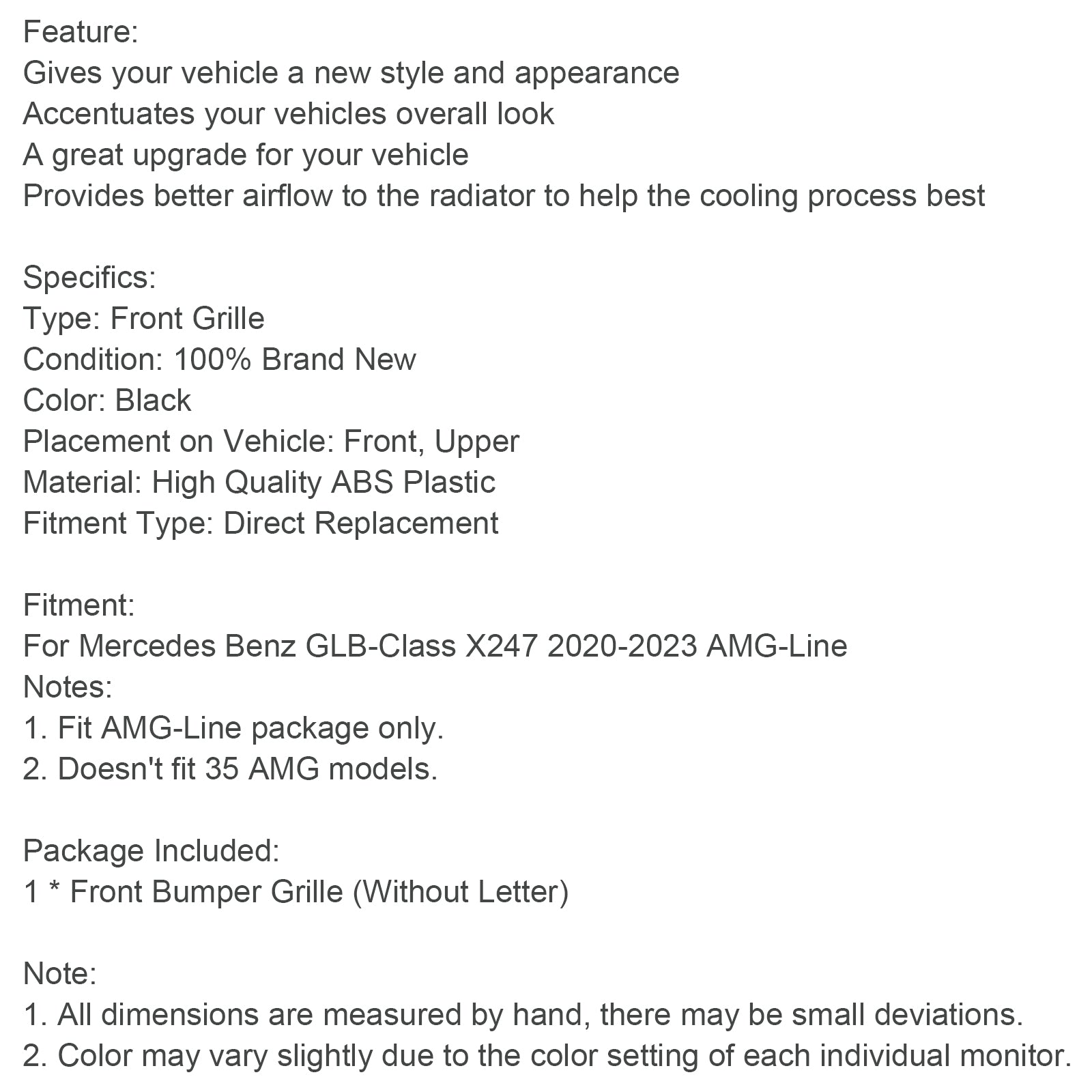 Mercedes Benz GLB X247 AMG-Line Rejilla de parachoques delantero negro brillante 2020-2023