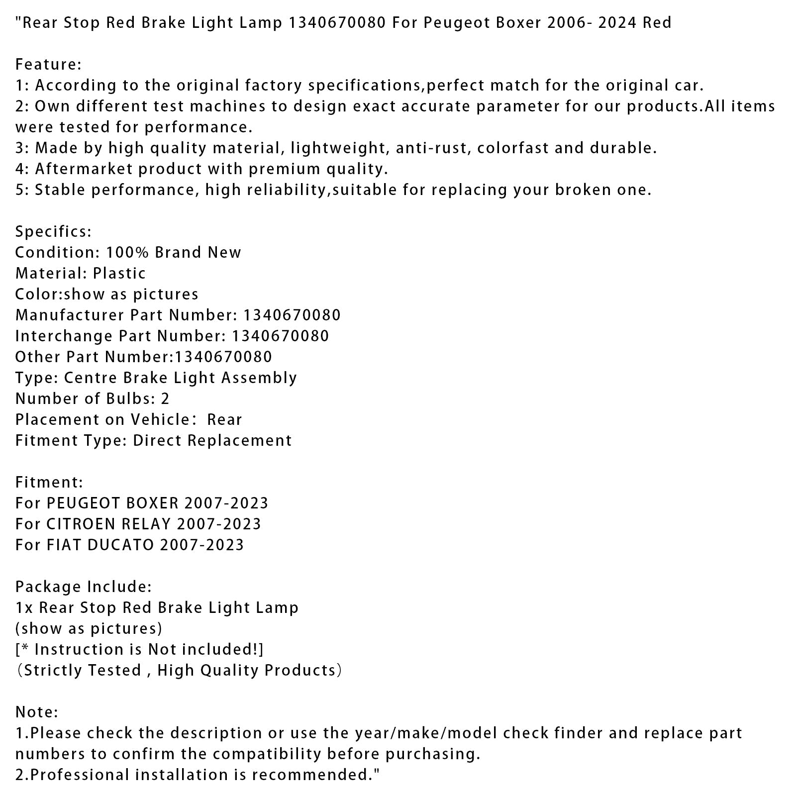 Rdeča zadnja zavorna luč 1340670080 za Peugeot Boxer 2006-2024