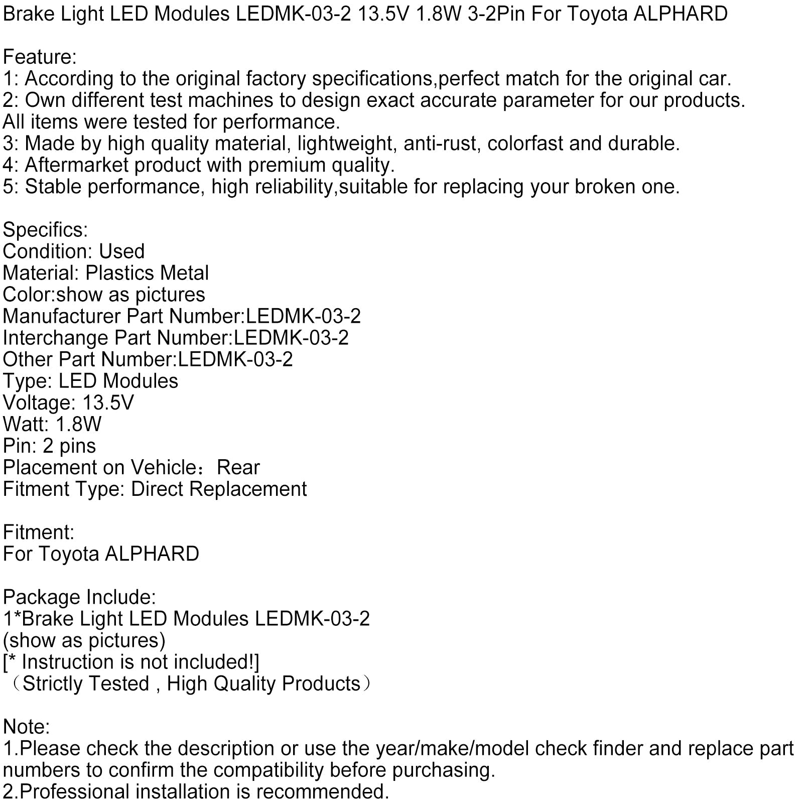 Modules de feux stop LED LEDMK-03-02 13,5 V 1,8 W 3-2 broches pour Toyota Alphard