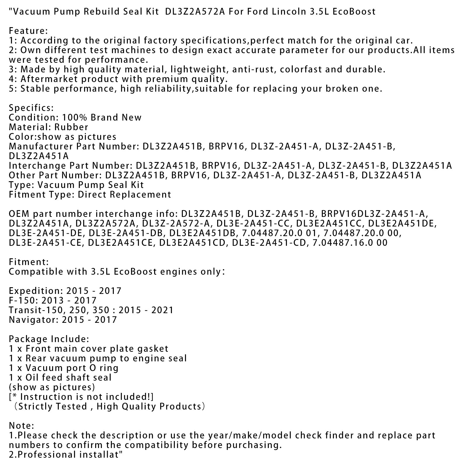 DL3Z2A572A Vacuümpompafdichtingskit voor Ford Lincoln 3,5 L EcoBoost