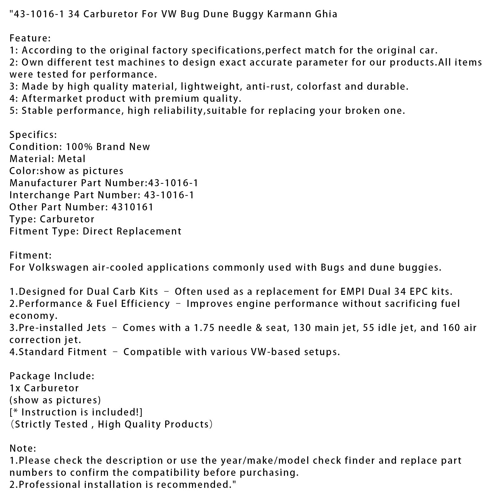 Carburetor 43-1016-1 34 voor VW Bug of Buggy Karmann Ghia