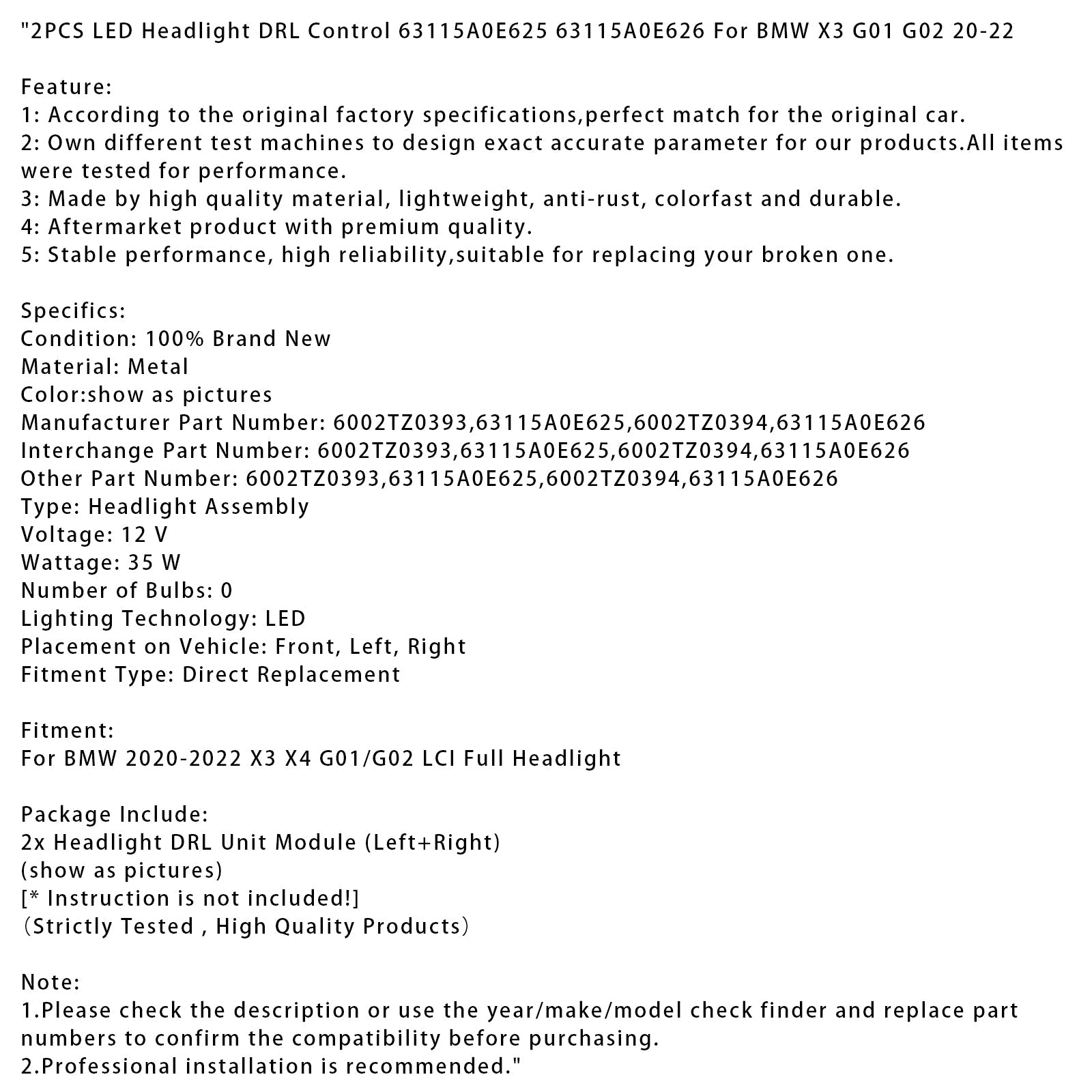 Phares à LED DRL pour BMW X3 G01 G02 2020-2022, 2 pièces, contrôle 63115A0E625 63115A0E626