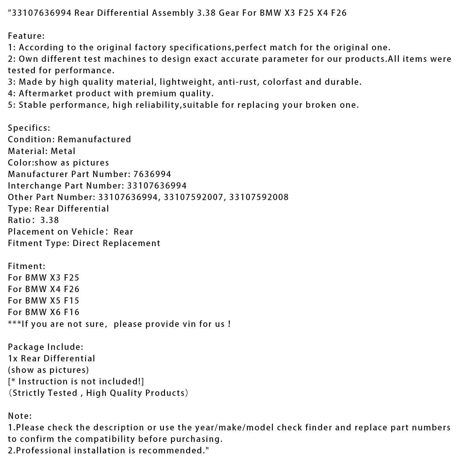 Różnicowy tylny 33107636994, bieg 3.38, dla BMW x3 F25 x4 F26