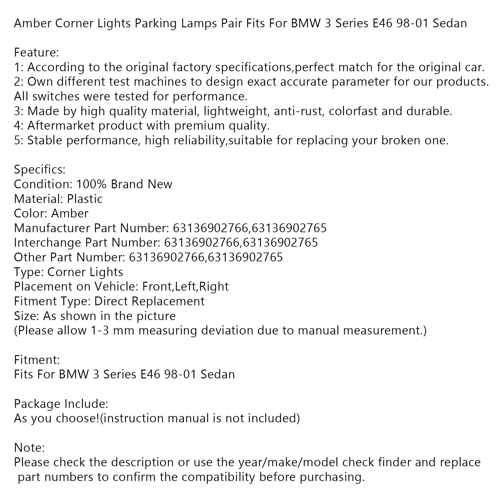 Par de luces traseras&Luces de esquina laterales ámbar para BMW Serie 3 E46 Sedán 1998-2001 63136902766
