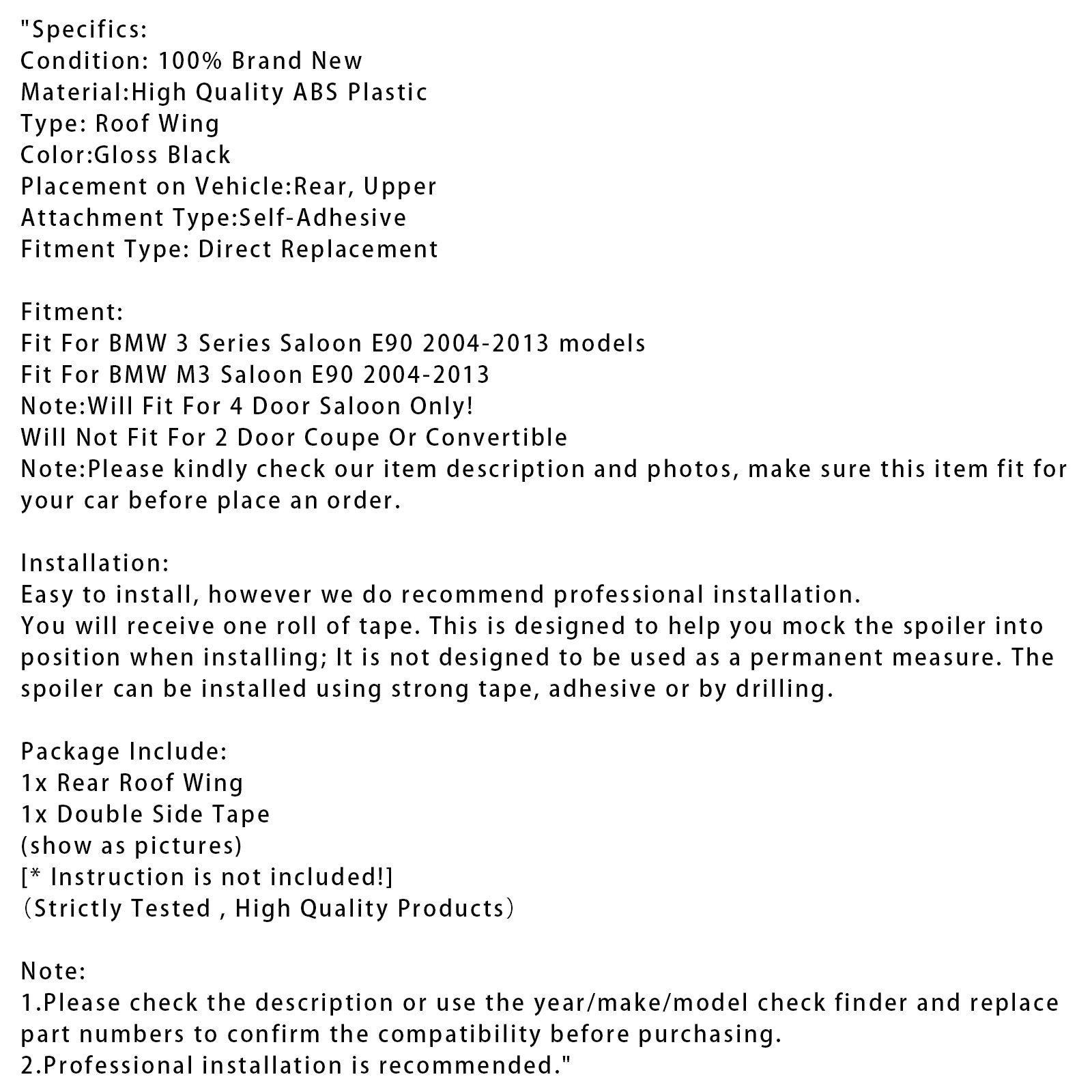 2004-2013 BMW serije 3 limuzina E90 M3 limuzina E90 modeli Gloss Black zadnji strešni spojler, okno krilo