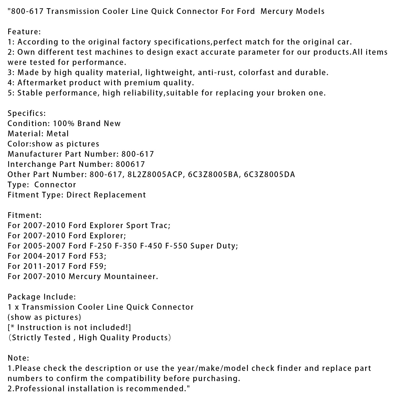 Szybkie złącze płynu chłodzącego transmisyjne 800-617 dla modeli Ford Mercury