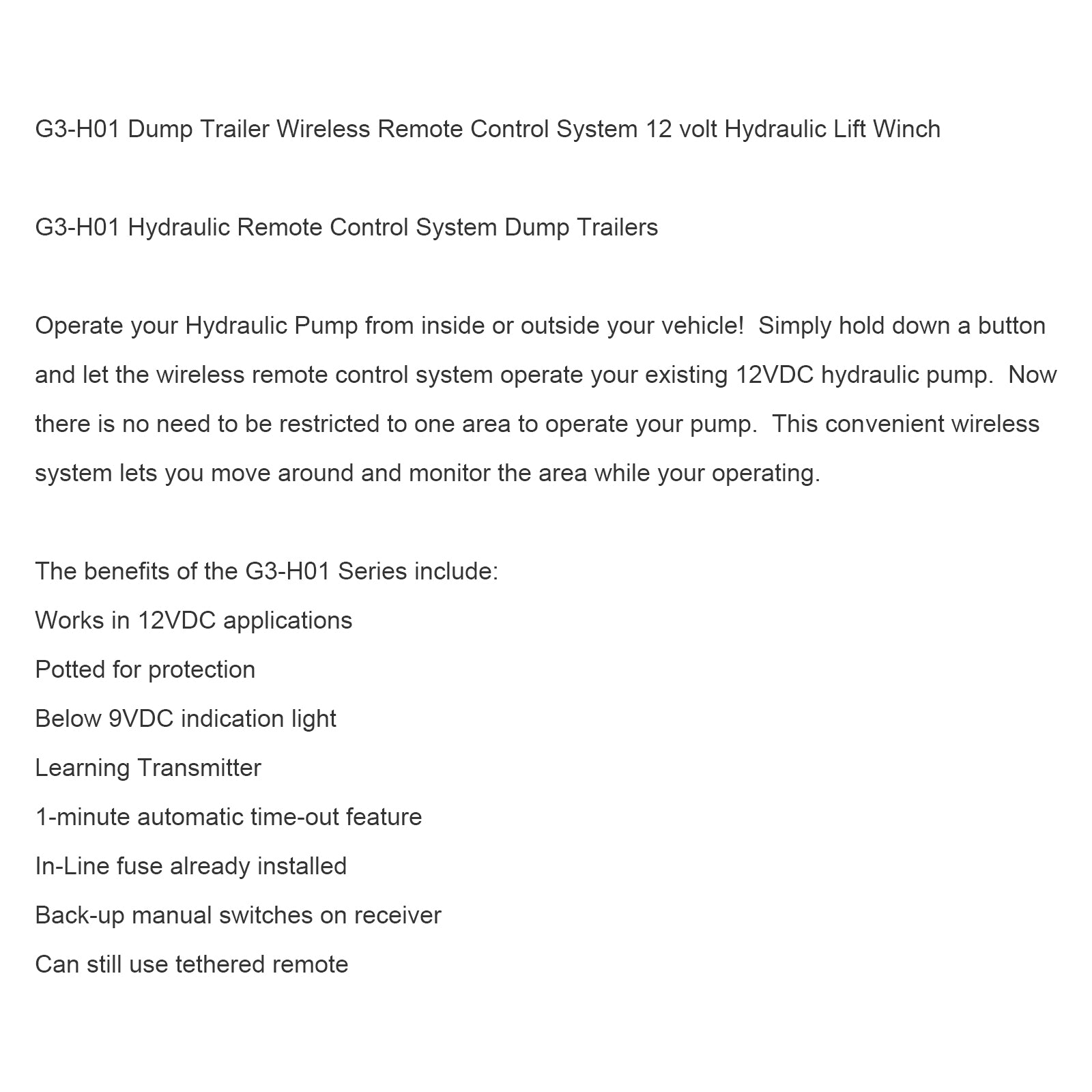 Langaton kauko-ohjainjärjestelmä perävaunun tyhjennyshydrauliikka 12 voltilla