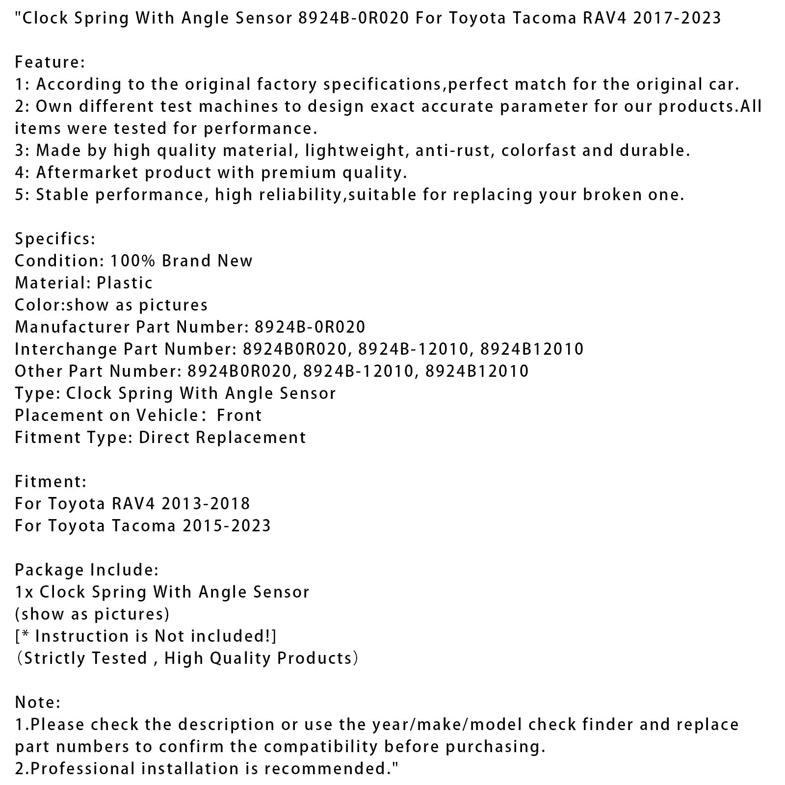 Paluujousi kulma-anturilla 8924B-0R020 Toyota Tacoma RAV4 2017-2023