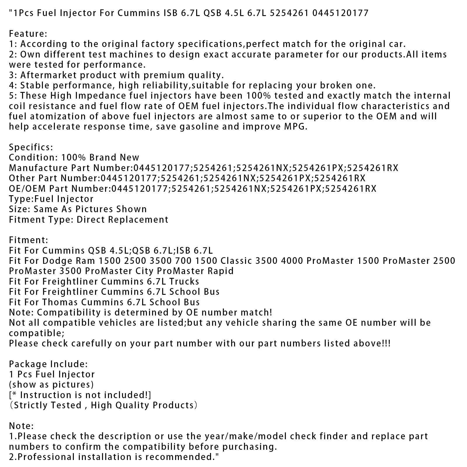 1 injecteur de carburant pour Cummins ISB 6.7L QSB 4.5L 6.7L 5254261 0445120177