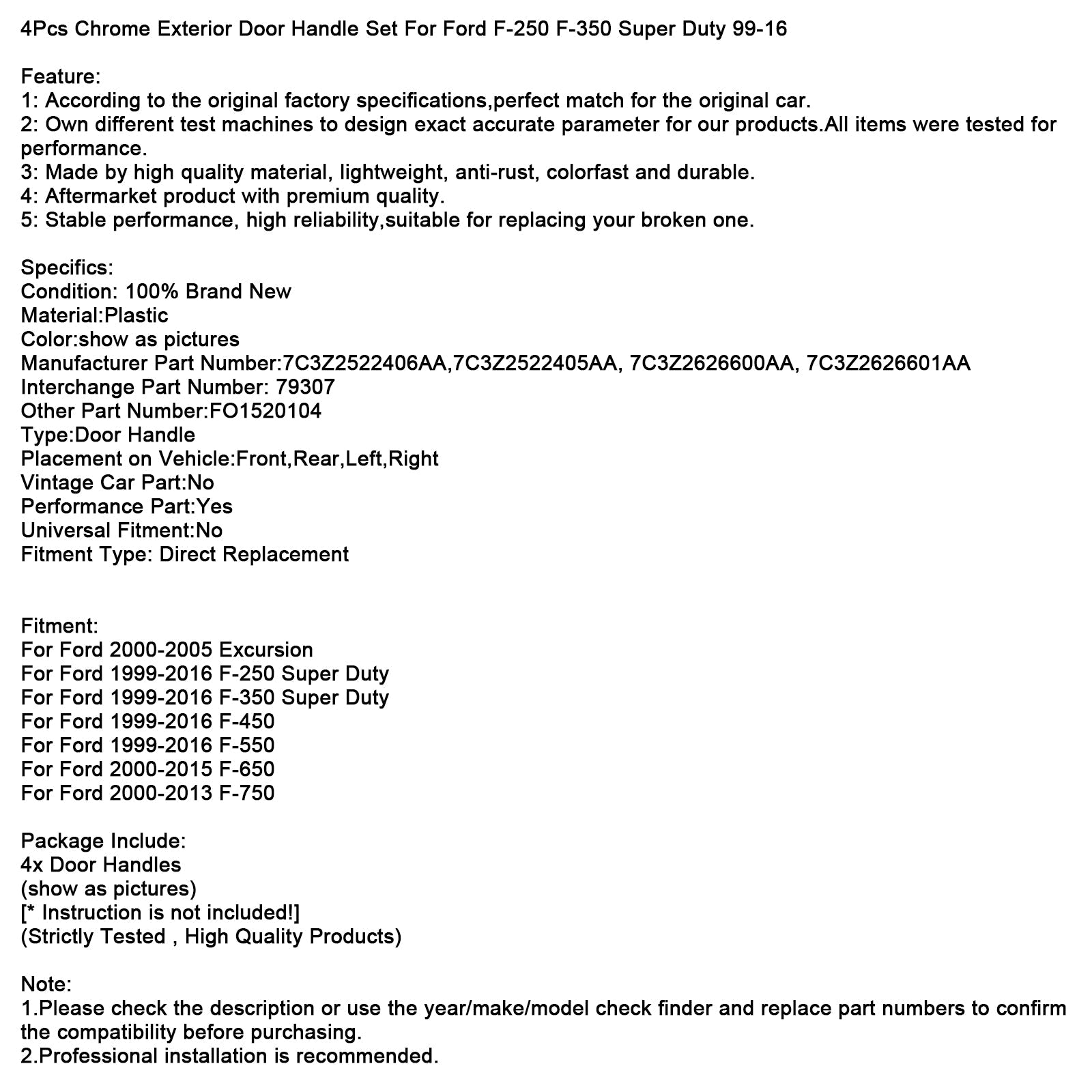 Neljän kromioven ulkokahvan sarja malleihin 99-16 Ford F-250 F-350 Super Duty