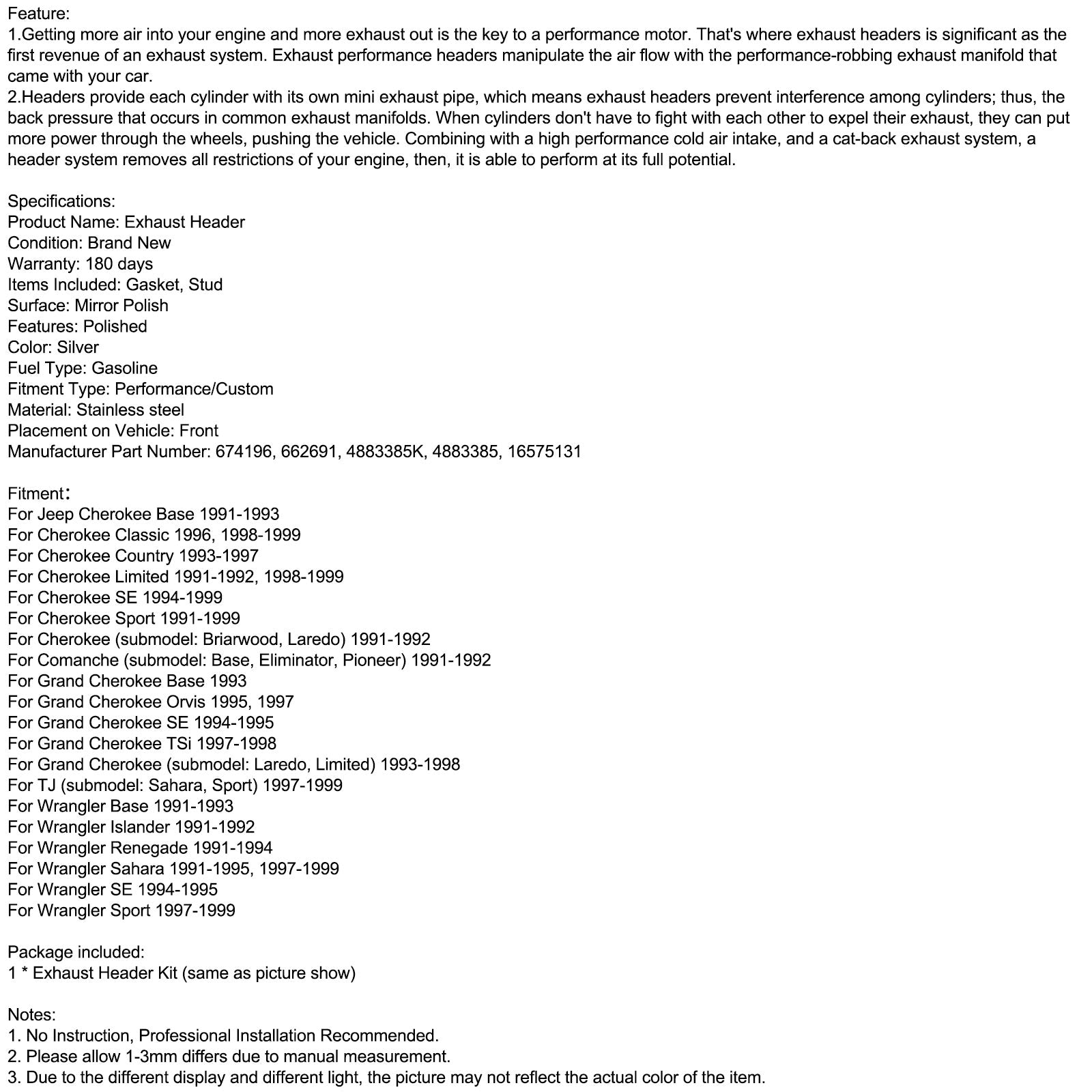 Kolektor wydechowy ze stali nierdzewnej - kompatybilny z Jeepem Wranglerem TJ, YJ 1991-1999