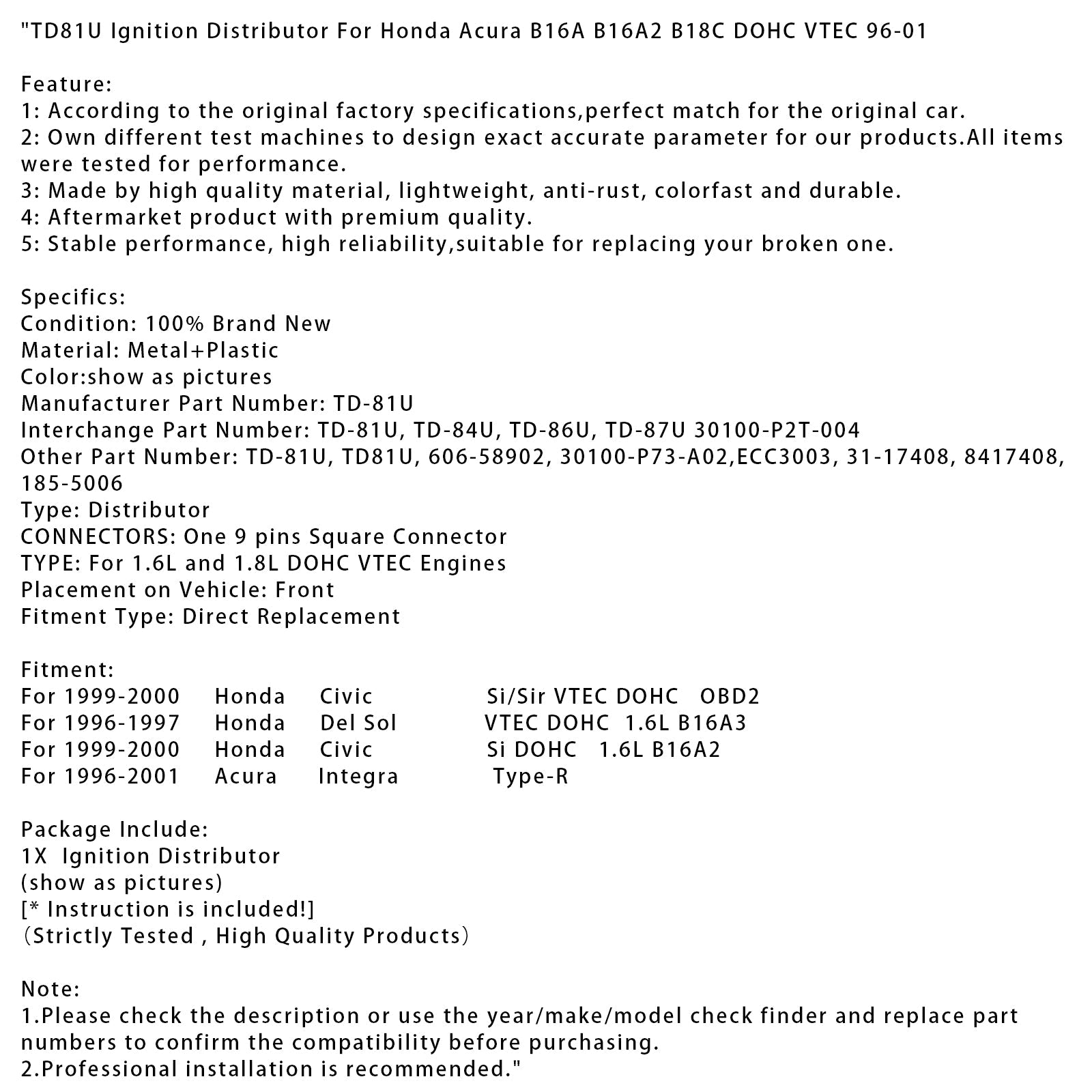 Distributore di'TD81U Accensione per Honda Civic Si/Sir VTEC DOHC OBD2 1999-2000