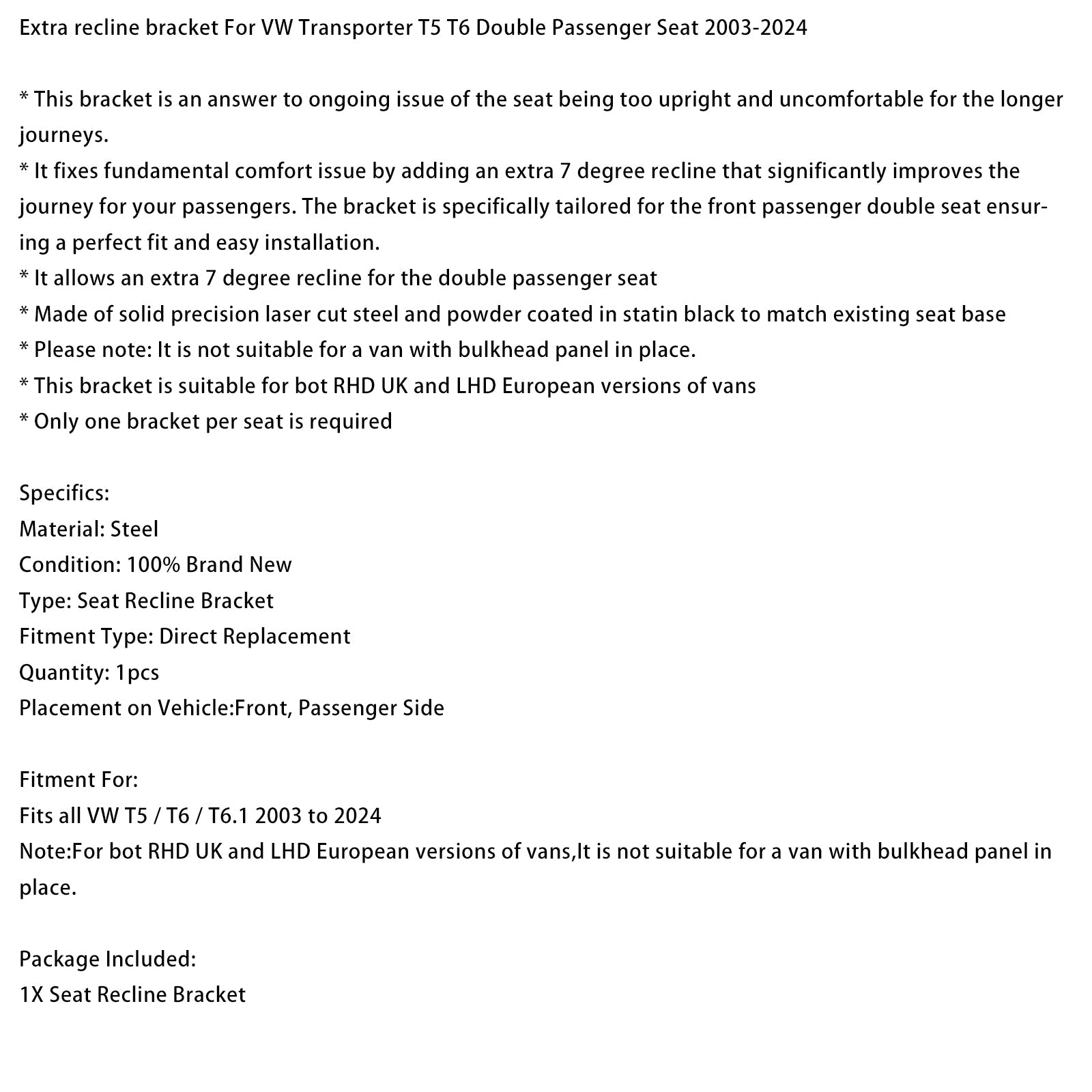 Dodatkowe podwójne podparcie fotela pasażera do VW Transporter T5 T6 (2003-2024)