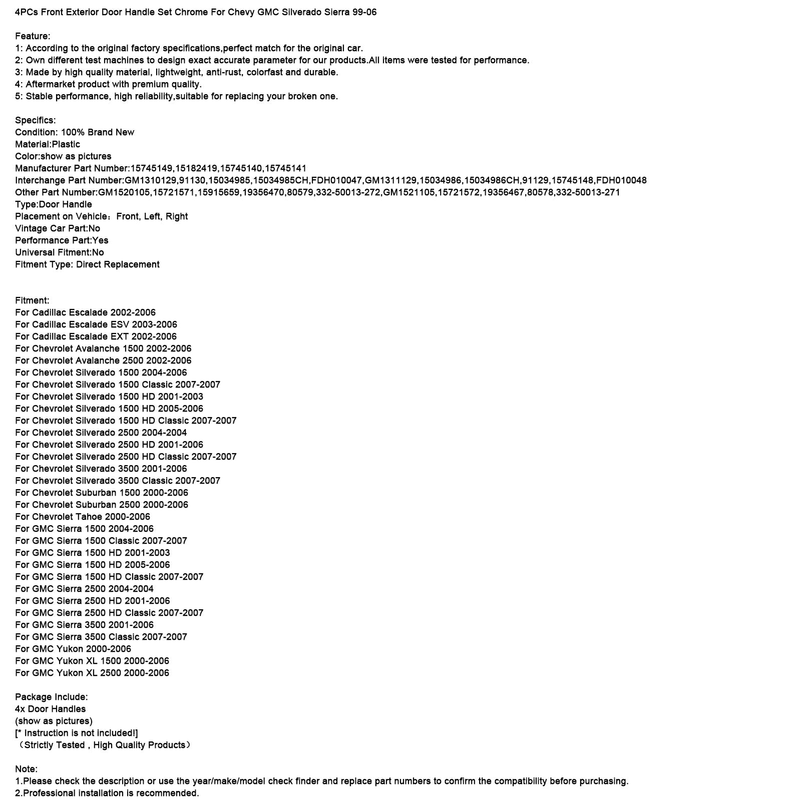 Ensemble de 4 poignées de porte extérieures avant chromées pour Chevy GMC Silverado 99-06