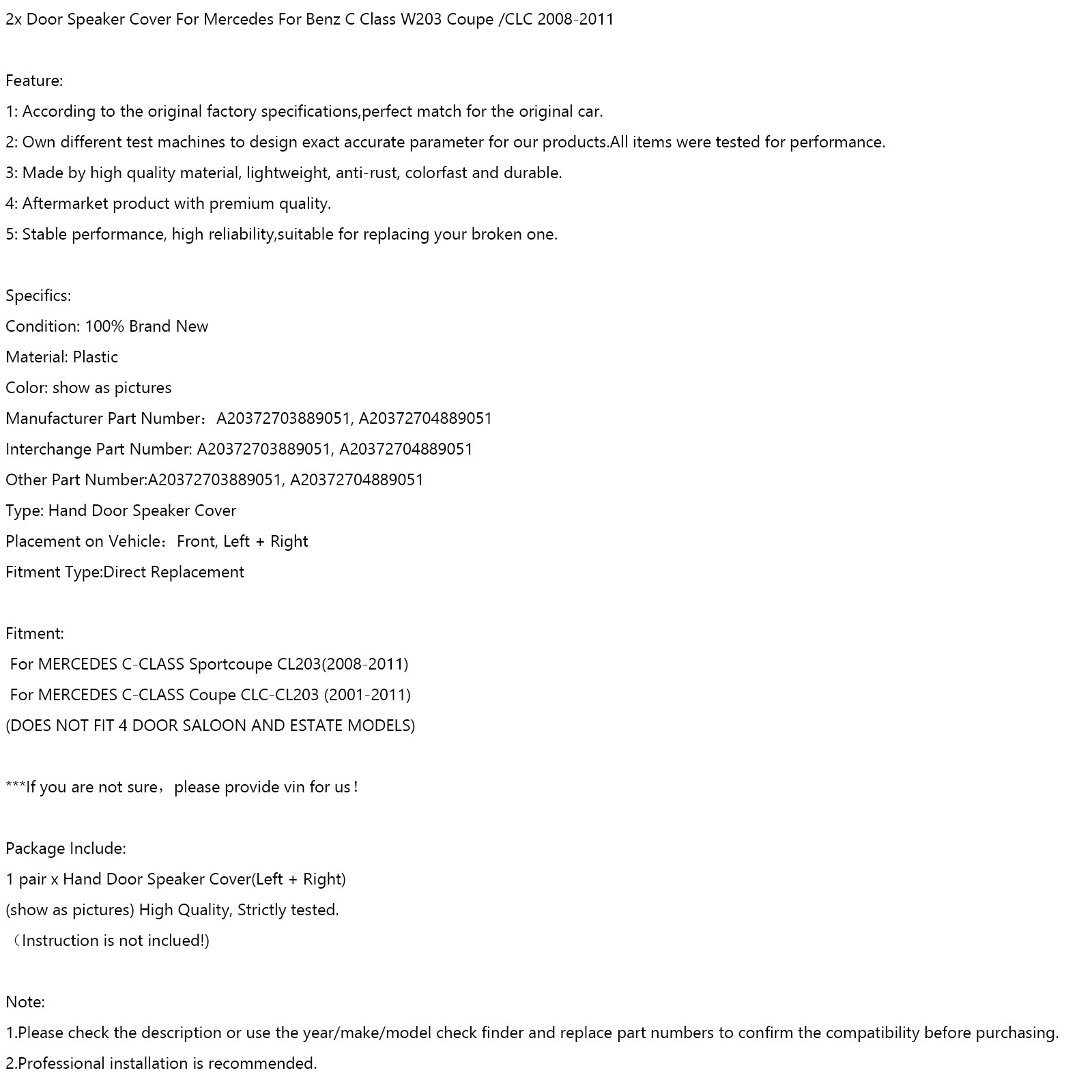 2x Door Speaker Cover Pour Benz C Class W203 Coupe /CLC 2008-2011