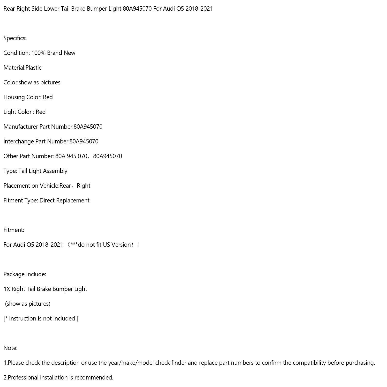Audi Q5 2018-2021 Luz de parachoques de freno trasero inferior derecho 80A945070