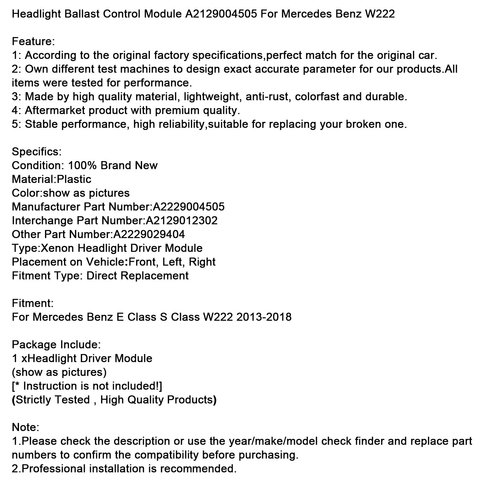 Regelmodule voor de koplampballast van de Mercedes-Benz E-Klasse en S-Klasse W222 (2013-2018) A2129004505