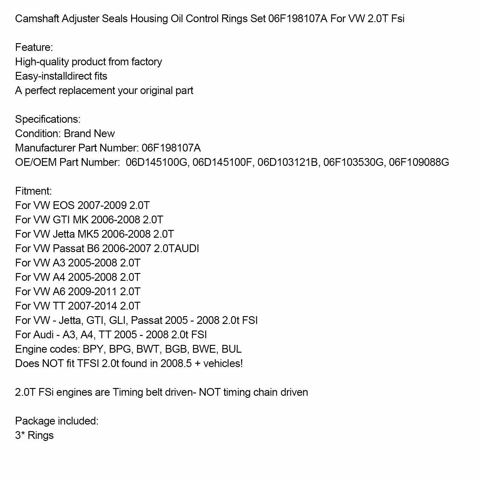 Nokkenasversteller Pakkingset Oliecontrolehuis 06F198107A Voor VW 2.0T Fsi