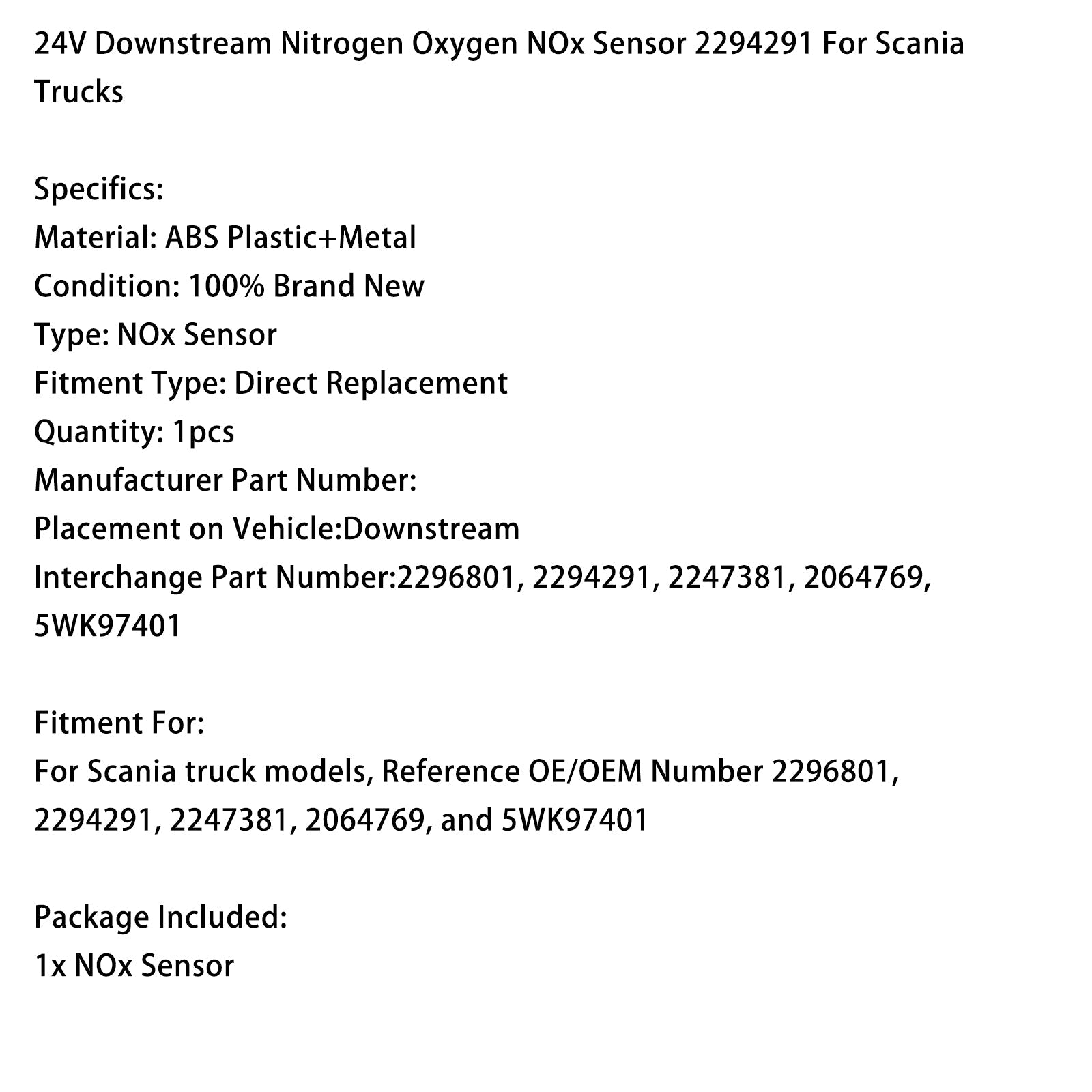 Sensor'stikstof, d' Zuurstof en NOx stroomafwaarts 24V 2294291 voor Scania-vrachtwagens