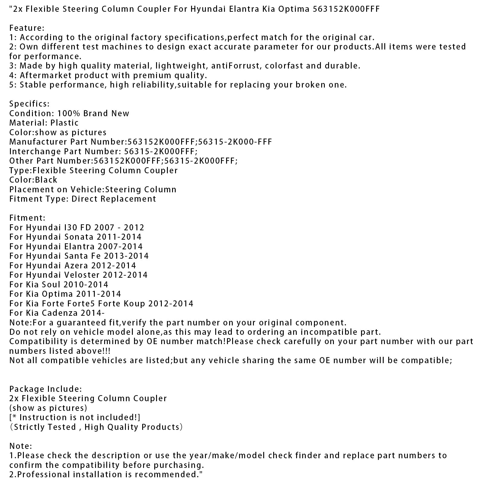 2x joustava ohjauspylvään kytkin Hyundai Elantra Kia Optima 563152K000FFF