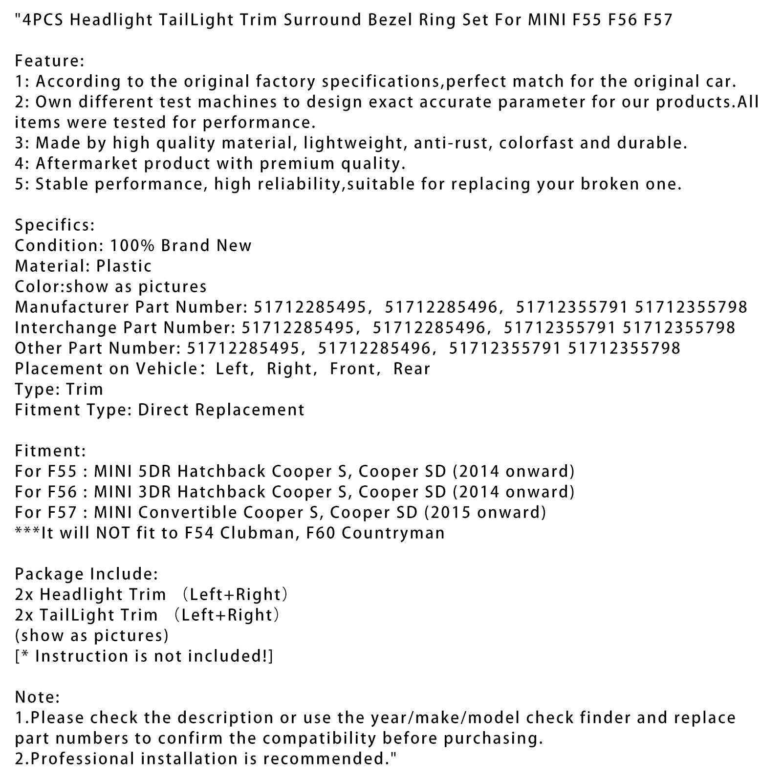 4 Uds. Anillo embellecedor de faro trasero para MINI F55 F56 F57