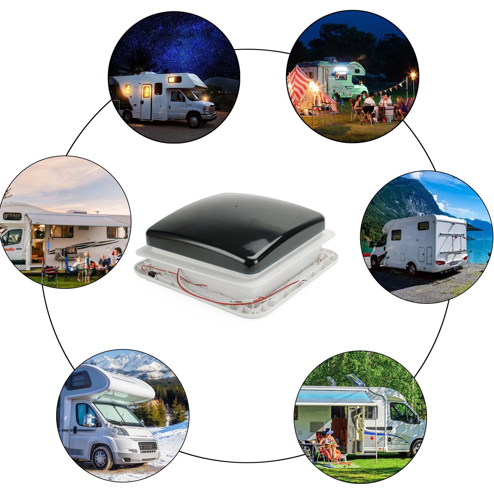 11" Caravan dakventilator, 3-snelheden motor, 12V dakraam met LED-verlichting