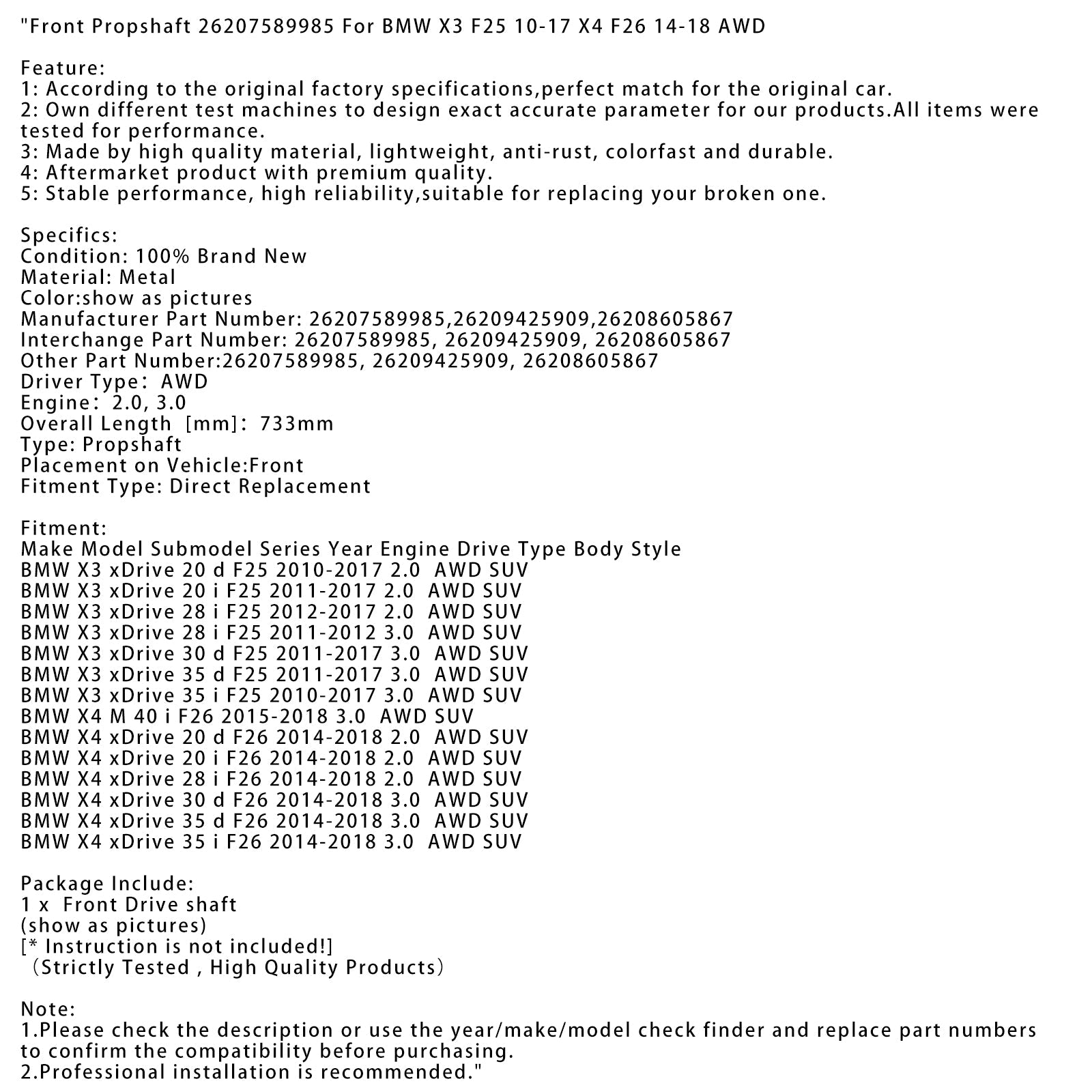 Albero di trasmissione anteriore per BMW X3 XDRive 28 I F25 3.0 AWD 2011-2012 2620758985