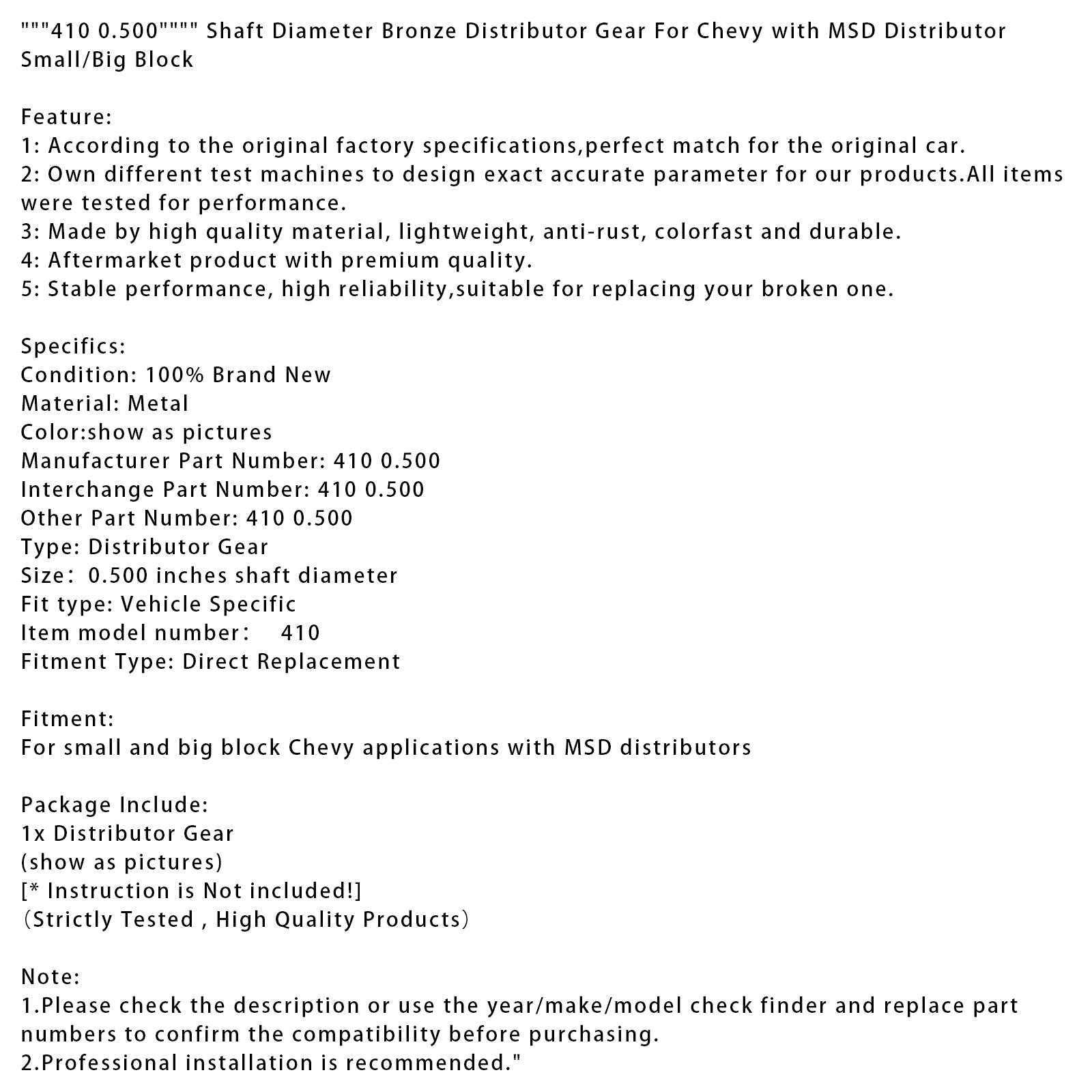 “ 410 ” verdeeltandwiel (asdiameter : 0,500 inch) voor Chevy-motoren met MSD Small/Big Block Ignition.