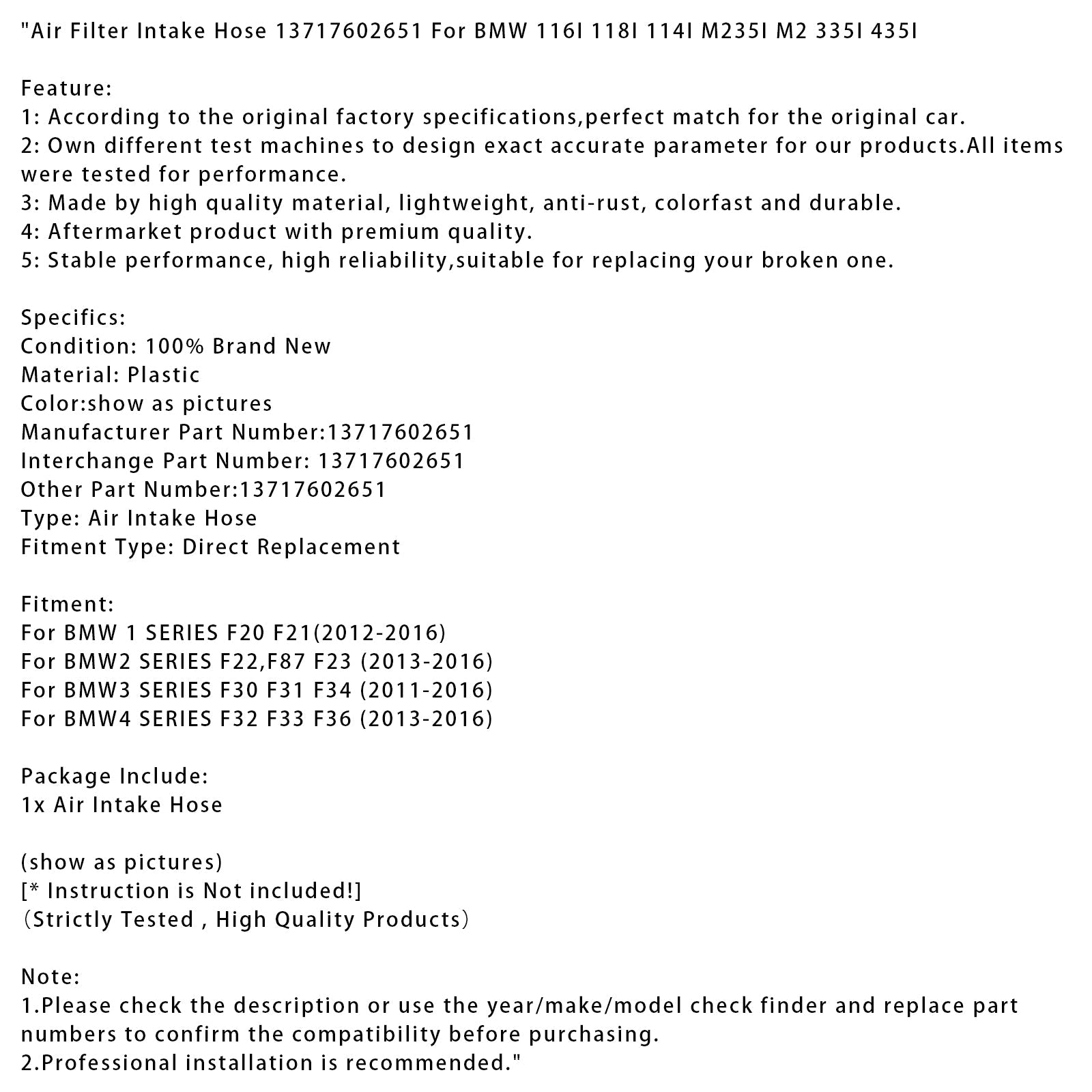 Tuyau d'admission de filtre à air 13717602651 pour BMW 116I 118I 114I M2 35I M2 335I 435I