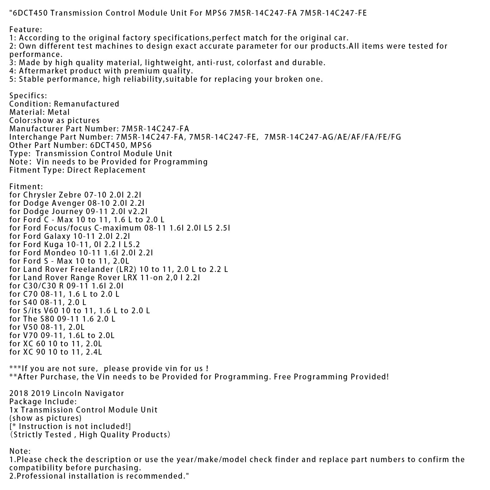 Module de commande de transmission 6DCT450 MPS6 7M5R-14C247-FA 7M5R-14C247-FE pour Land Rover Freelander (LR2) 2010-2011, 2,0 L à 2,2 L