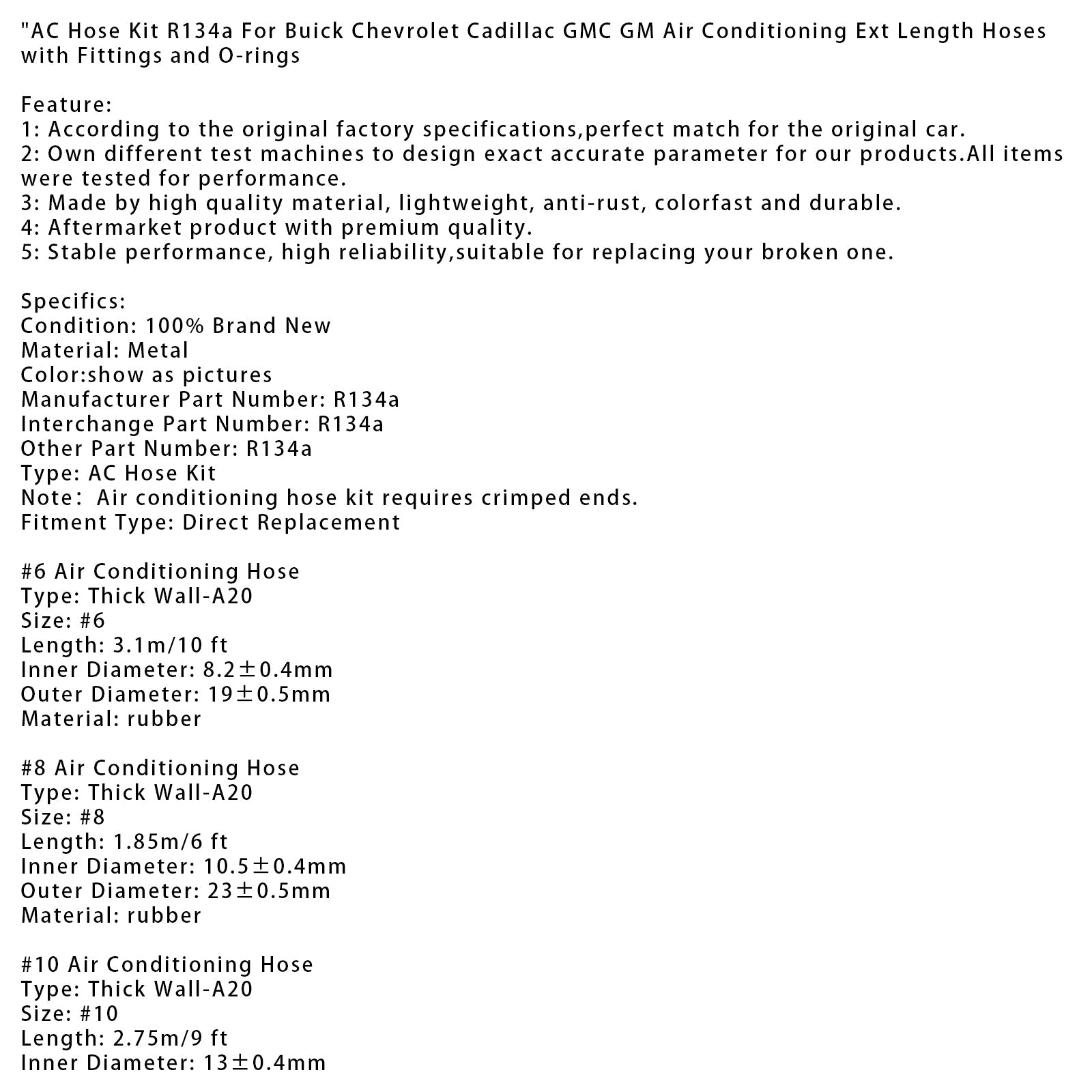 R134a airconditioningslangset voor Buick, Chevrolet, Cadillac, GMC en GM