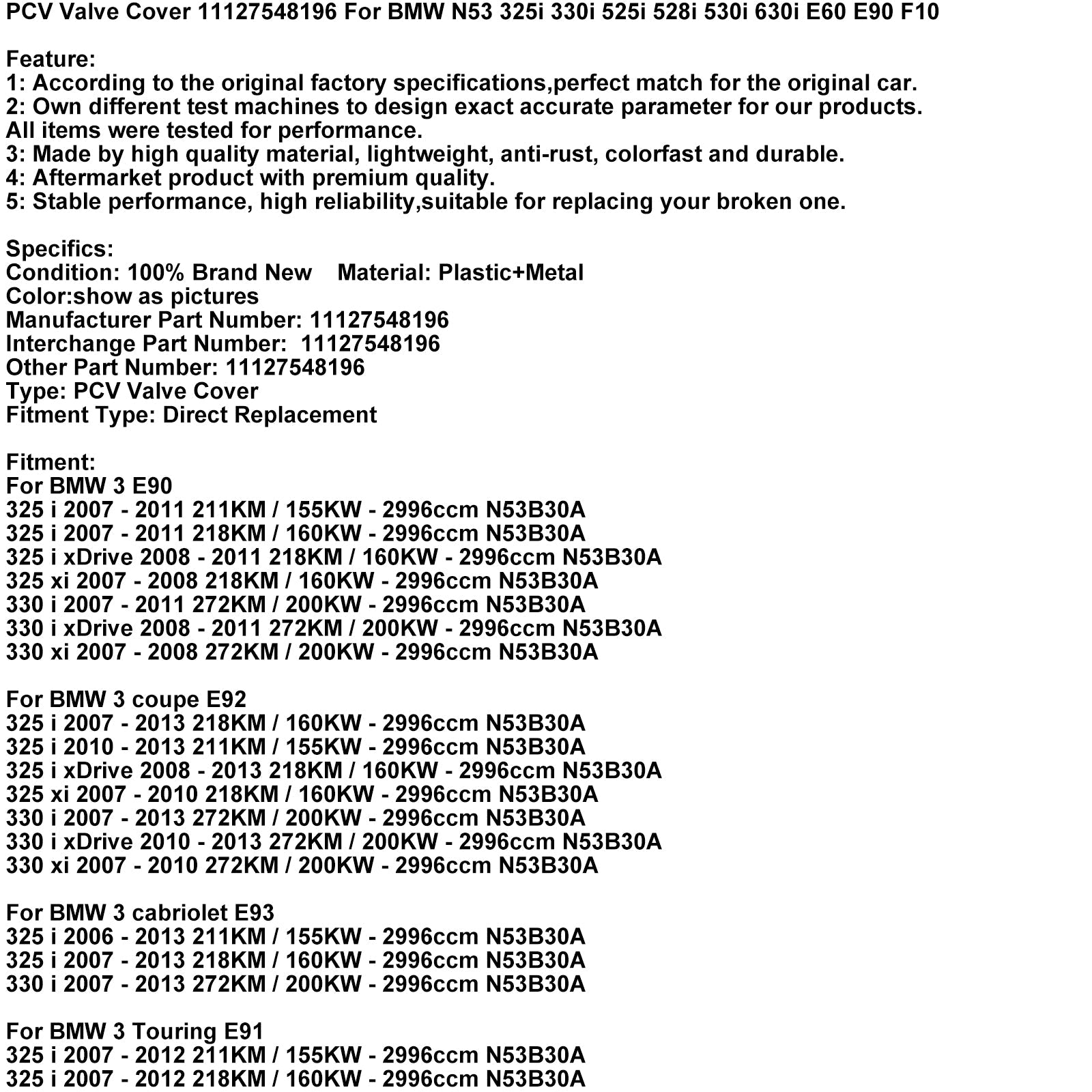 BMW N53 325i 330i 525i 528i 530i 630i E60 E90 Coperchio valvola PCV 11127548196