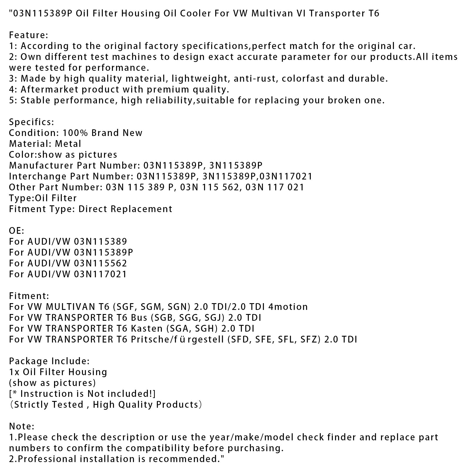 Carcasa del filtro de aceite y enfriador'Aceite 03N115389P para VW Multivan VI Transporter T6