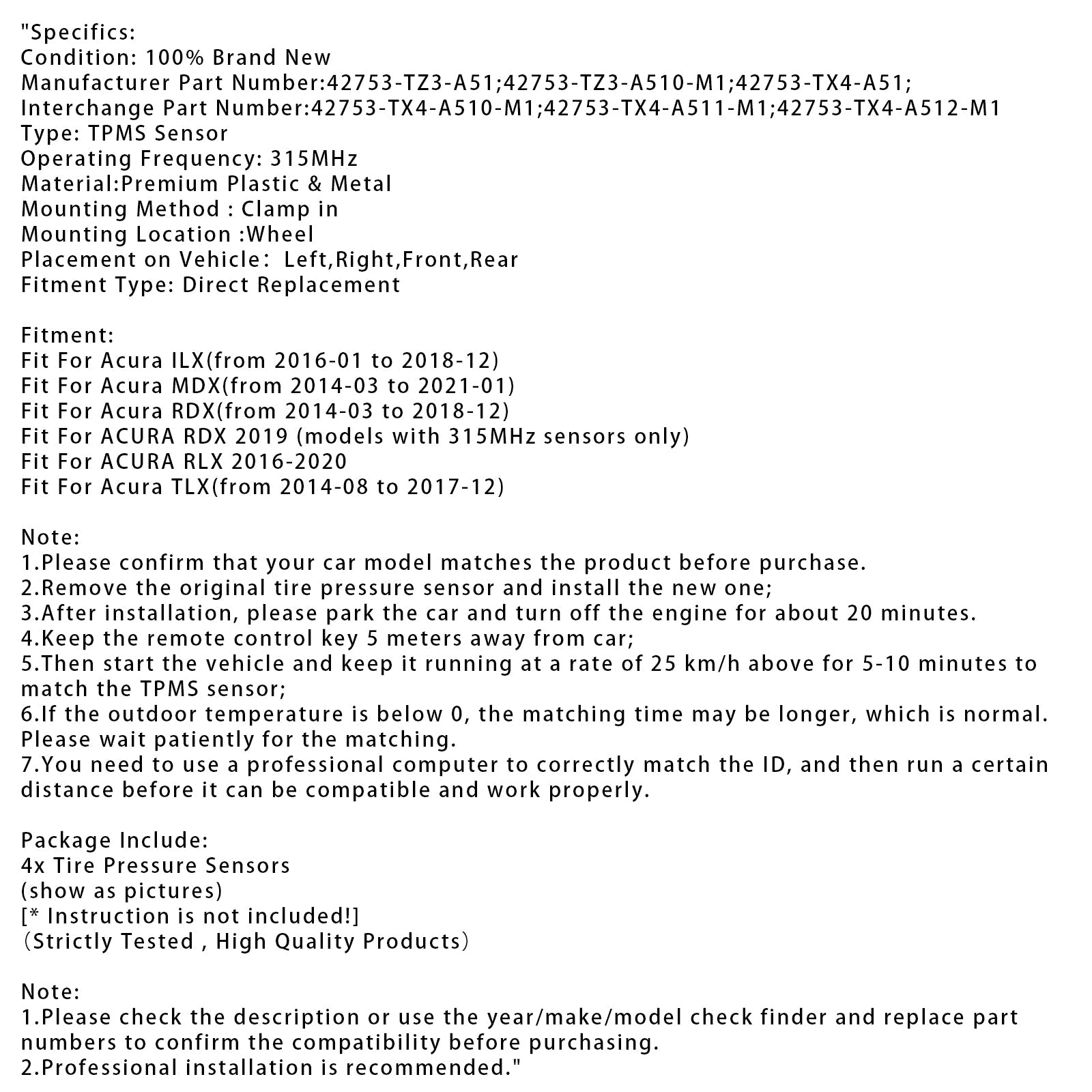TPMS 4x -rengasanturi Acura MDX RDX TLX ILX 42753TZ3A51