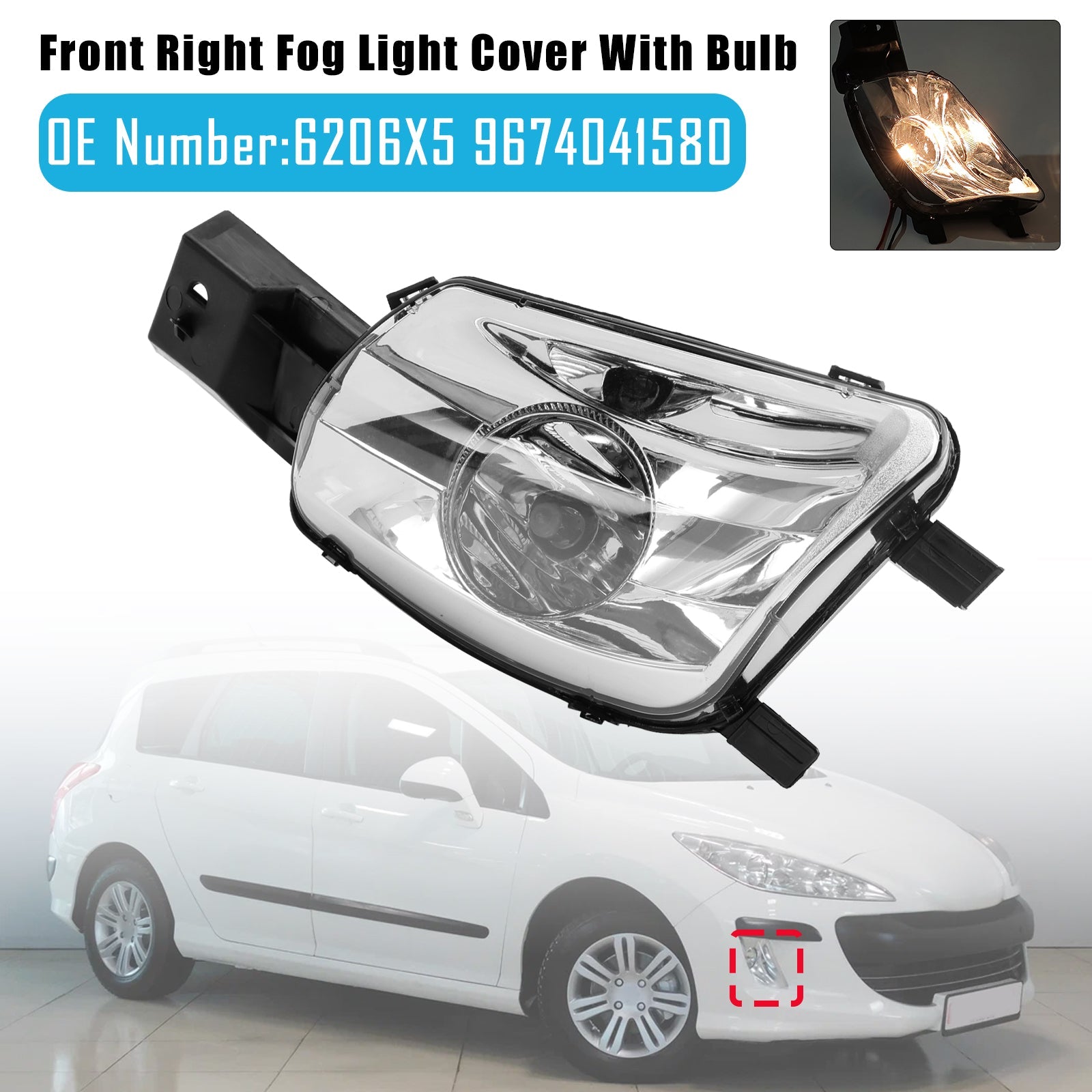 Cache de feu antibrouillard avant droit avec ampoule pour Peugeot 308 CC 4B Berline 2007-2014