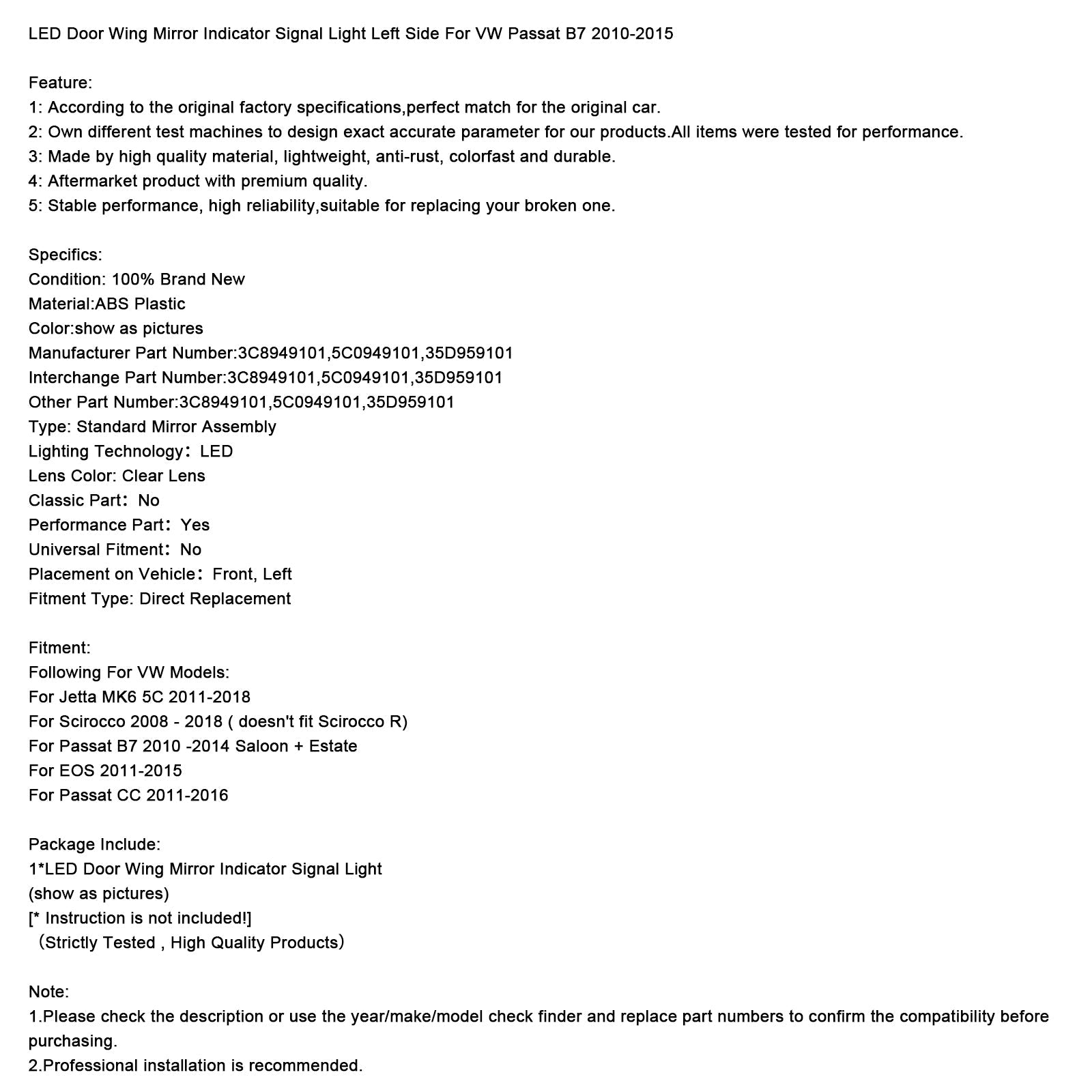 Linker spiegel draai signaal voor VW Passat B7 2010-2015