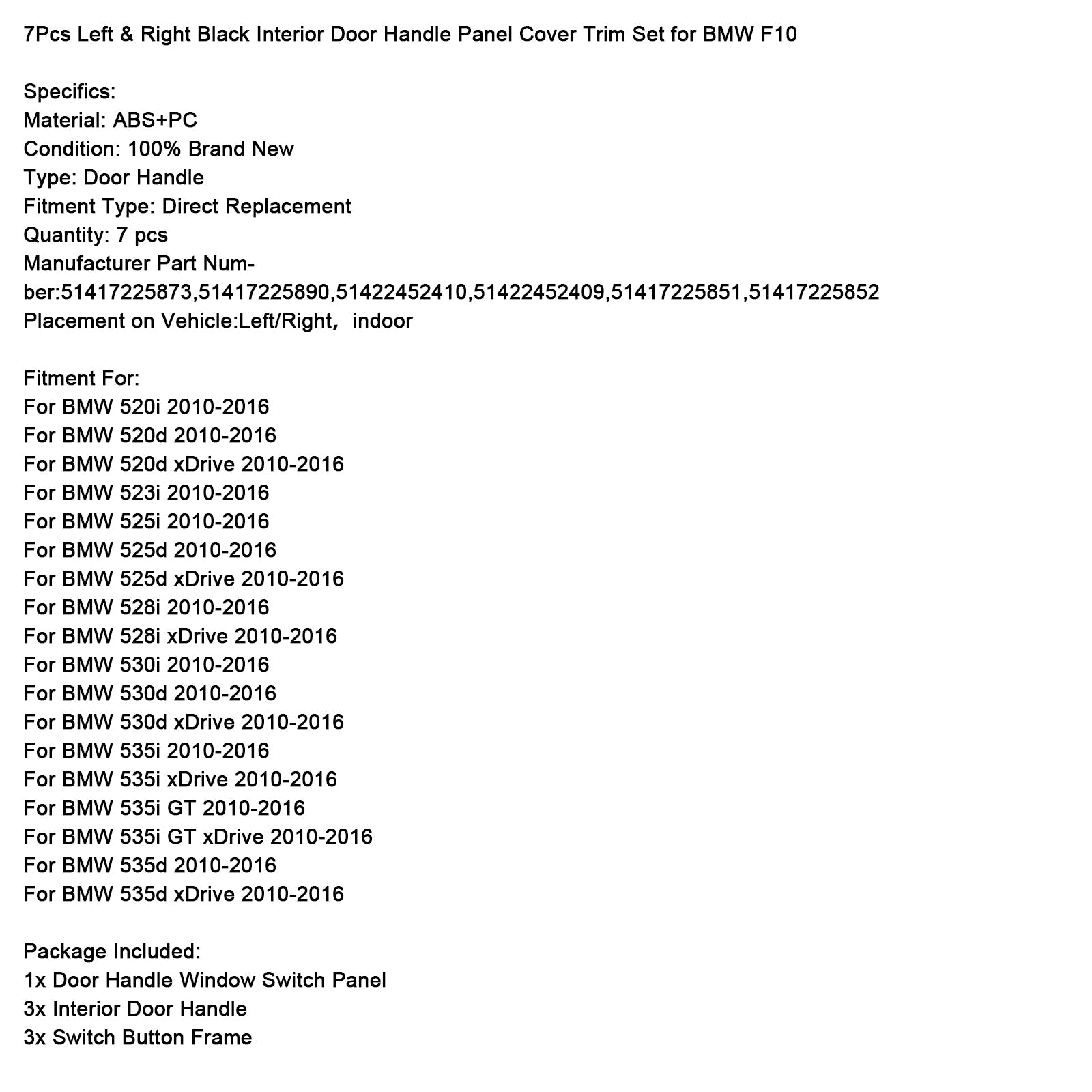 Veel 7 zwarte binnendeur handgrepen voor BMW 5 F10 F11 2010-2016
