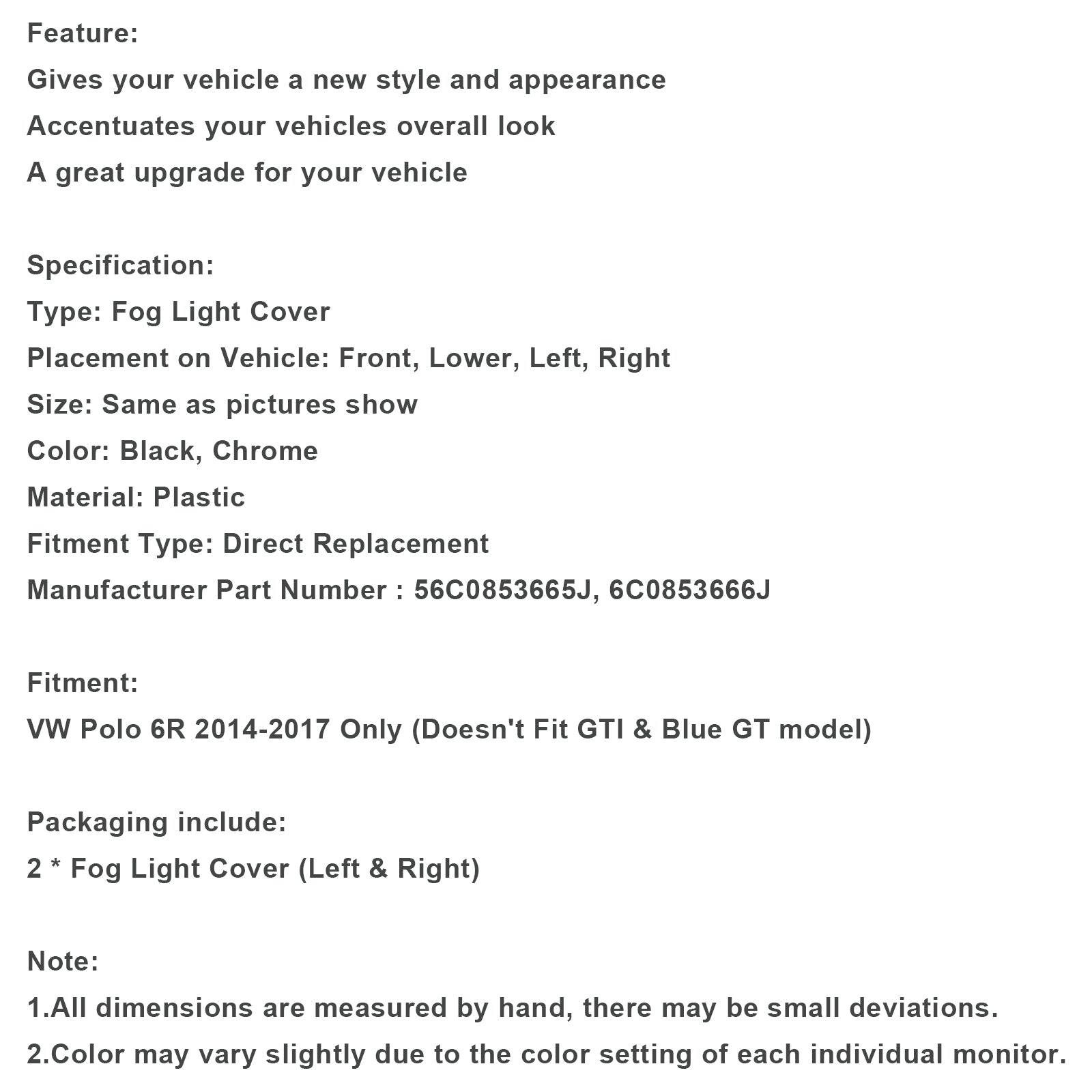 2014-2017 VW Polo 6R Coppia Paraurti Anteriore Fendinebbia Griglia Griglia per