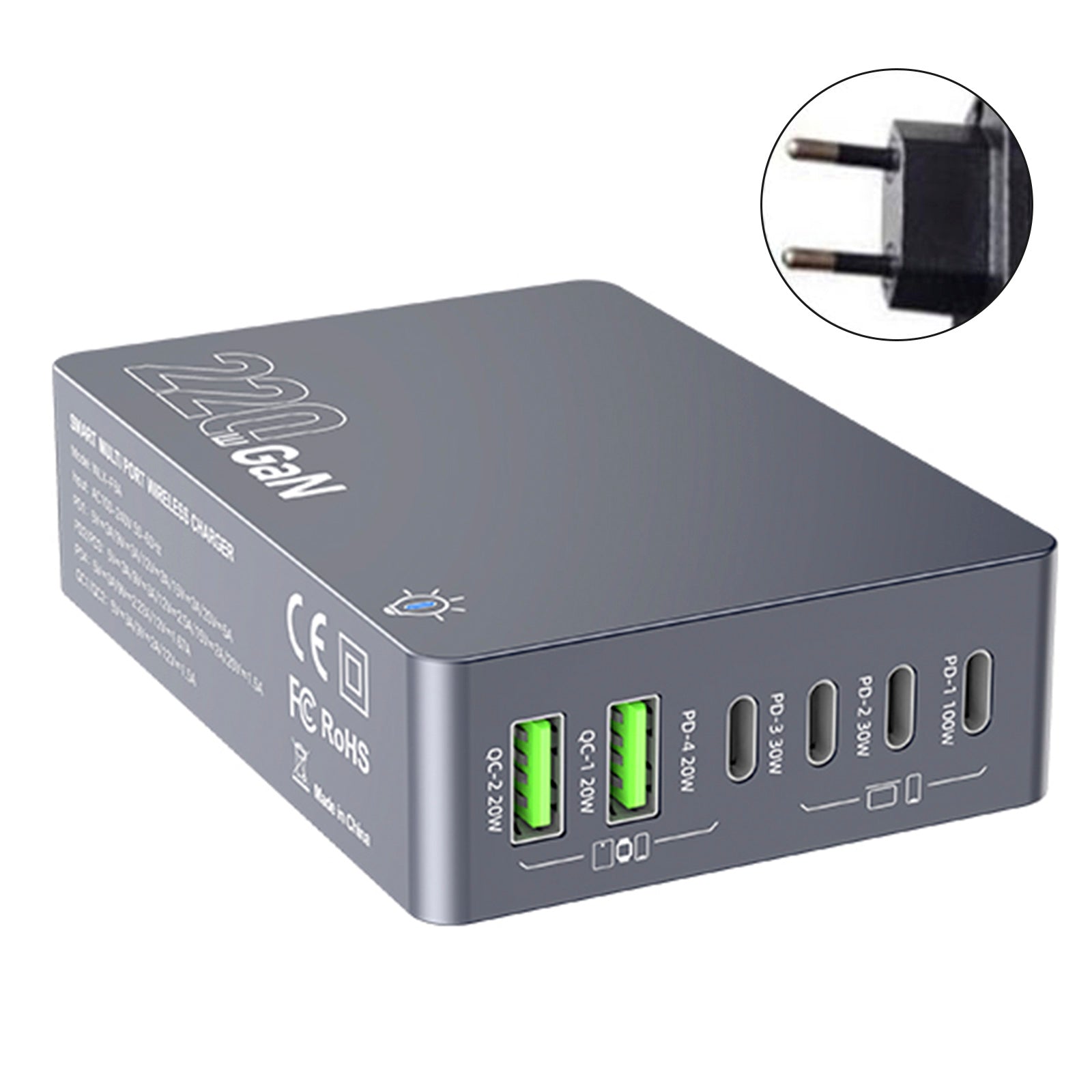 Stacja obciążenia biurowego F8A, 6 -port USB Szybka ładowarka, obsługa obciążenia PD100 W, inteligentna ładowarka, gniazdo UE