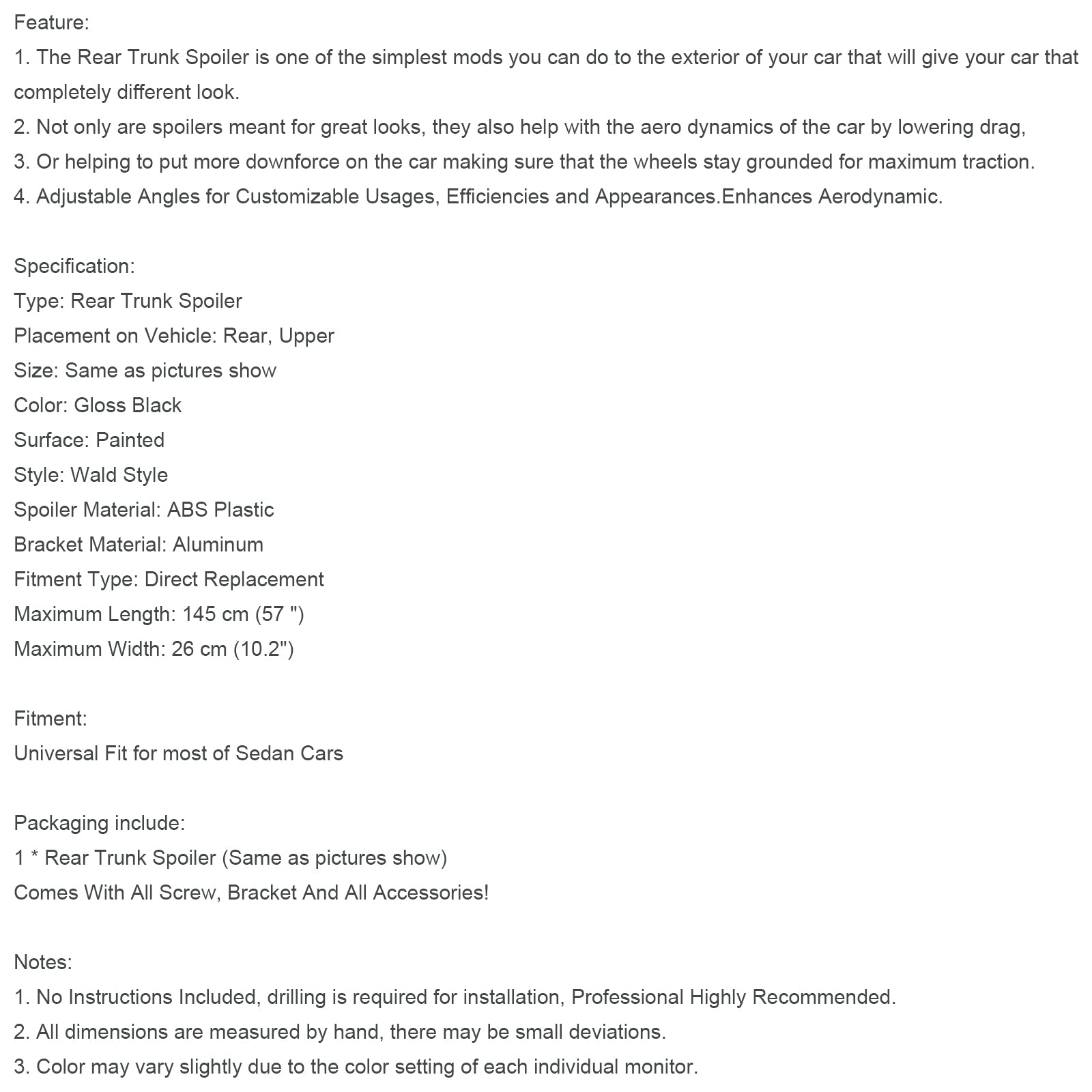 57" Spoiler posteriore universale GT Racing Style da 145 cm in nero lucido per una maggiore deportanza