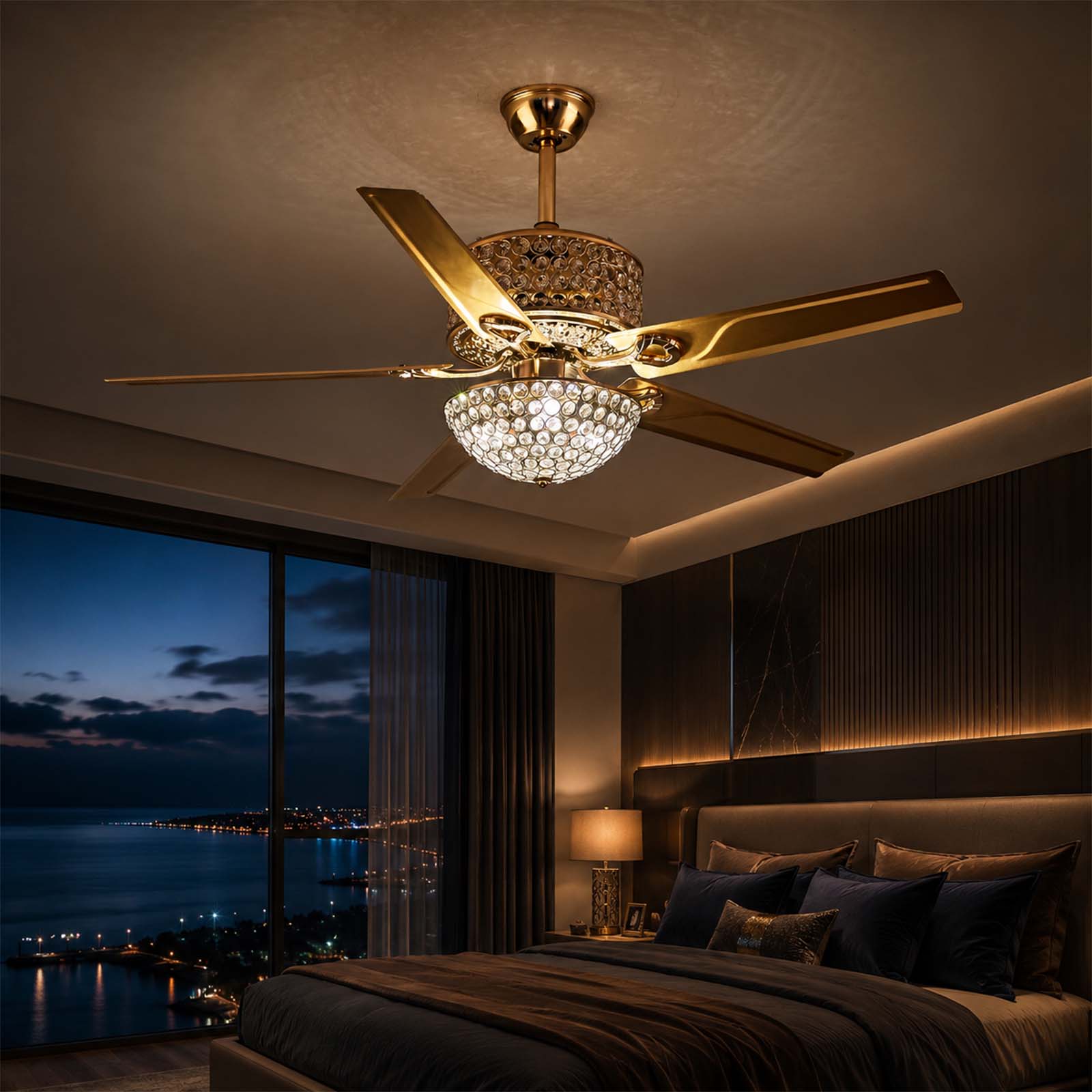 Ventilateur de Plafond Doré avec Lustre en Cristal 52" – Éclairage LED, Télécommande, 5 Pales, 6 Vitesses