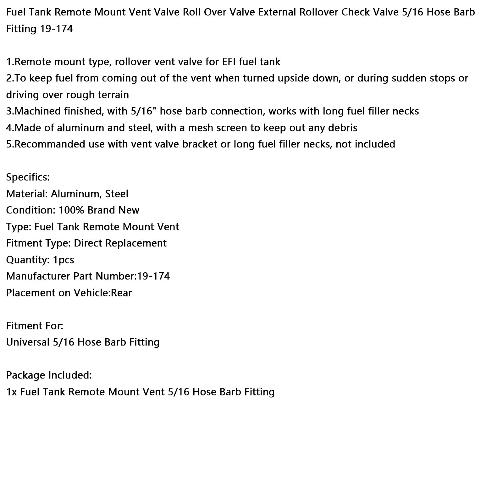 Válvula de retención externa para ventilación del tanque de combustible, conexión de 5/32" para manguera16"" 19-174