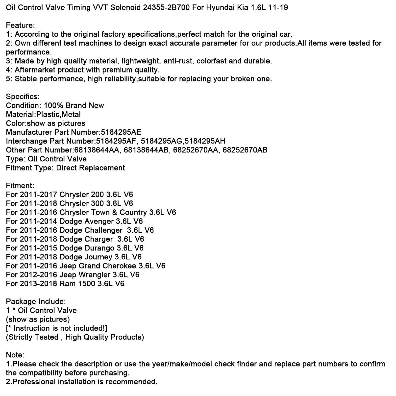 Électrovanne de distribution d'huile VVT 5184295AE pour Chrysler Dodge Jeep 11-18