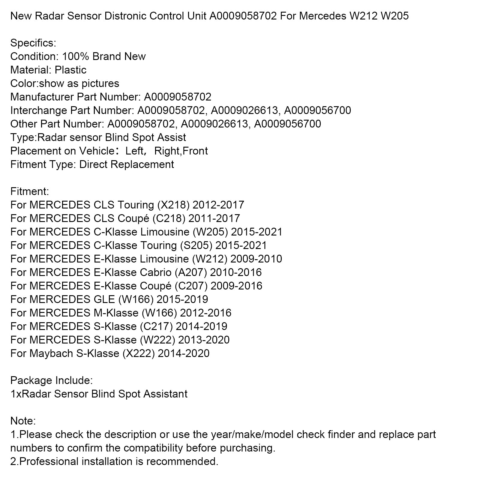 Mercedes Class S (C217) 2014-2019 Nuevo sensor de radar Unidad de control distrital A000905870 A0009026613
