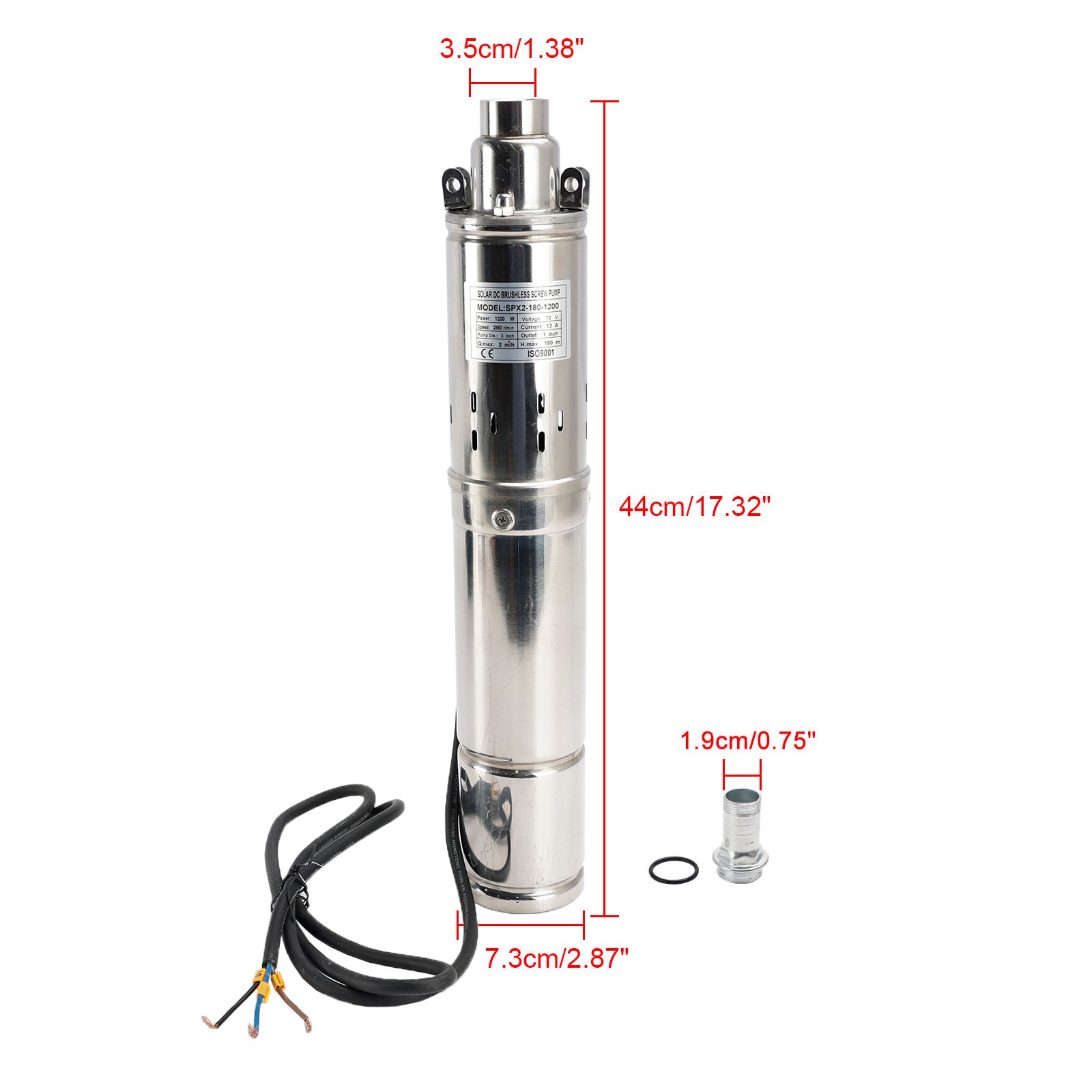 72 V 1,2 kW upotettava aurinkopumppu syvään kaivoon, joka pystyy nostamaan jopa 180 metrin korkeuden