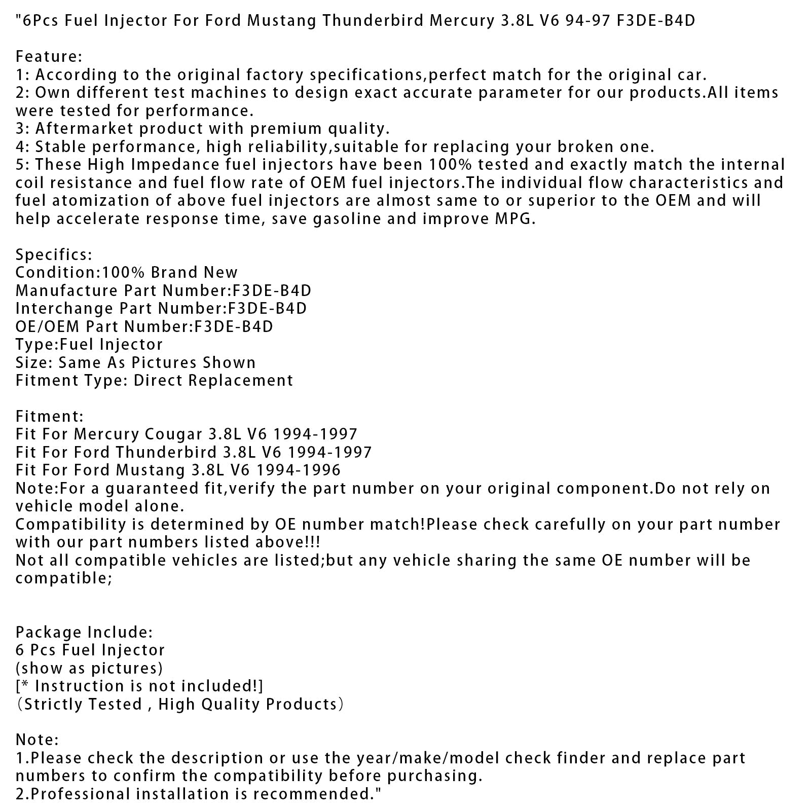 6 injecteurs de carburant pour Ford Mustang Thunderbird Mercury 3.8L V6 94-97 F3DE-B4D