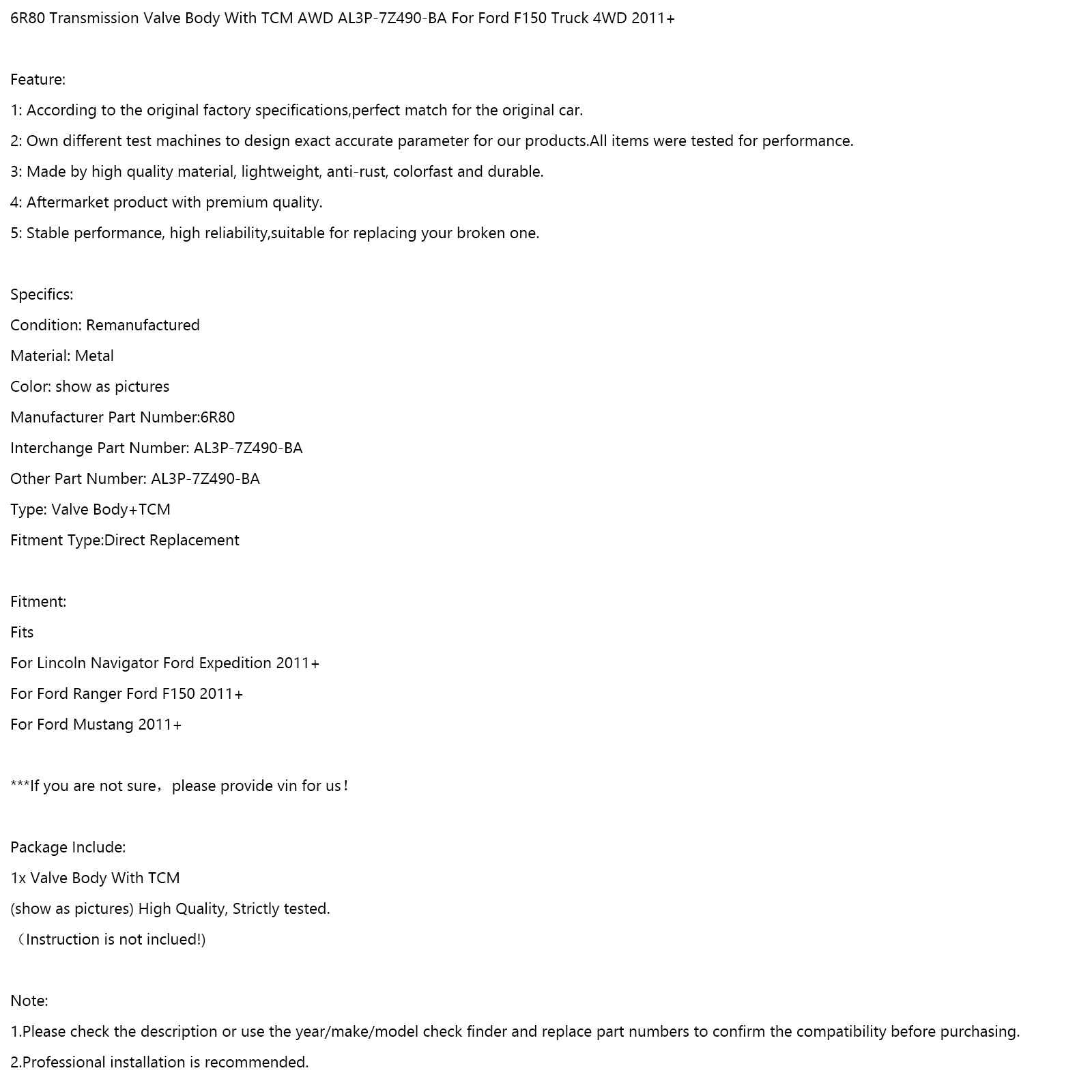 6R80 Transmission Valve Body TCM AWD AL3P-7Z490-BA Pour Ford F150 Truck 4WD 11+