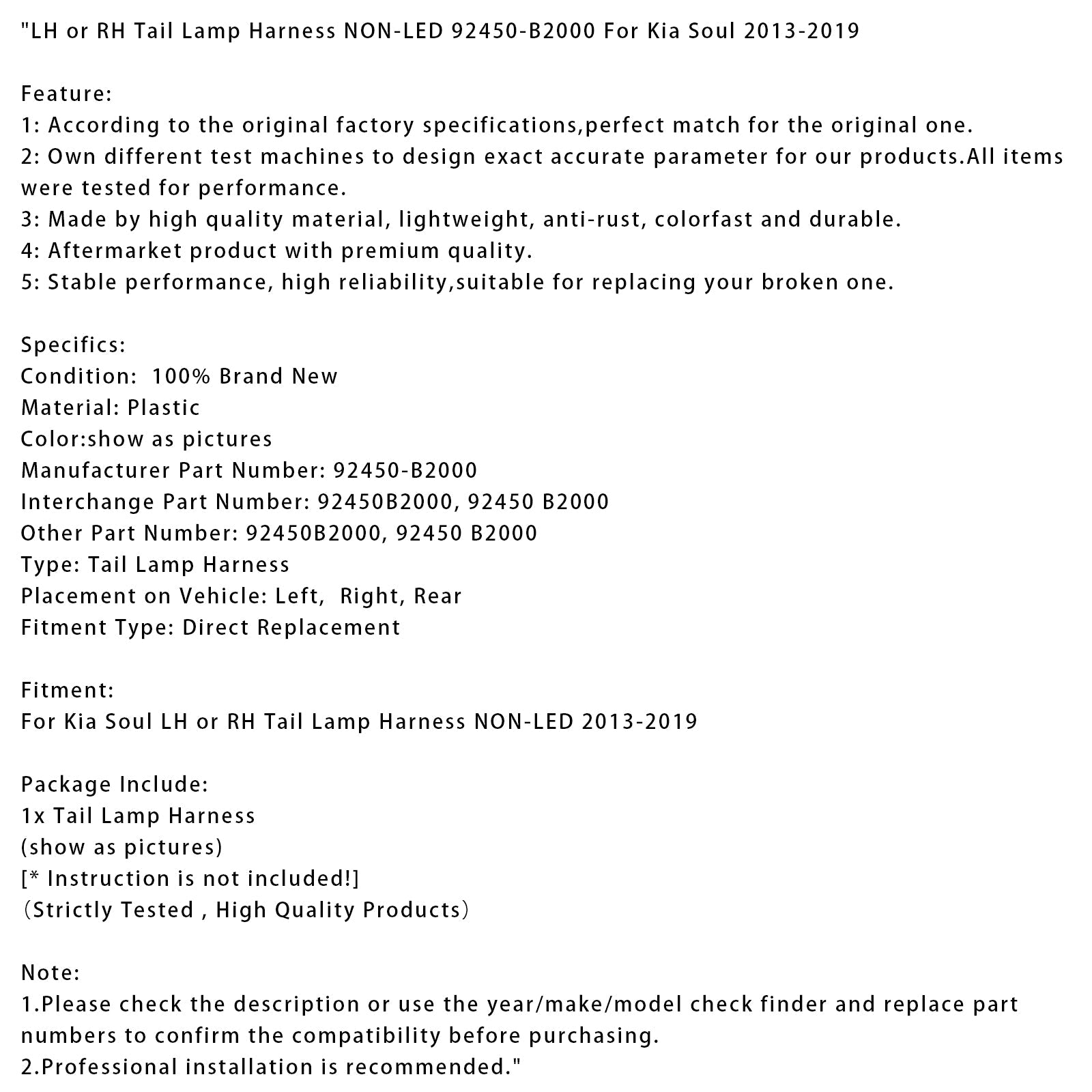 Faisceau de câbles pour feux arrière gauche ou droit Kia Soul 2013-2019, sans LED, 92450-B2000